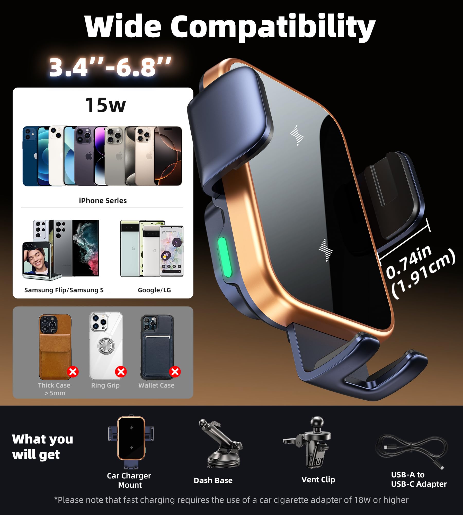 Gumosh Dual Coil 15W Wireless Car Phone Charger,2 In 1 Auto Clamping Car Mount Charging Phone Holders For Air Vent&Dashboard,Car