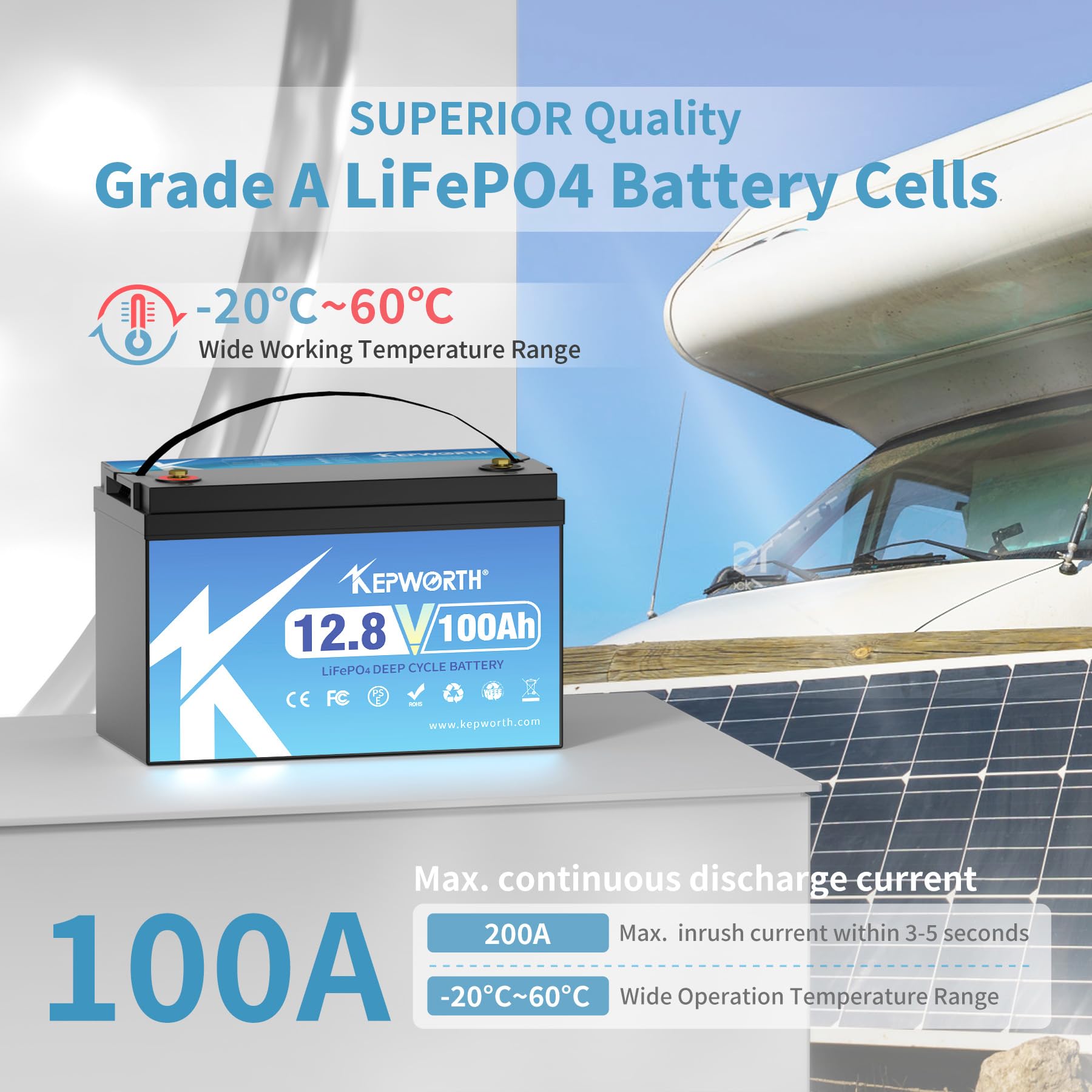 KEPWORTH 12.8V 100Ah LiFePO4 Battery - Rechargeable Lithium with 100A BMS, Ideal for Trolling Motor, Boat, RV, Solar, Backup Use