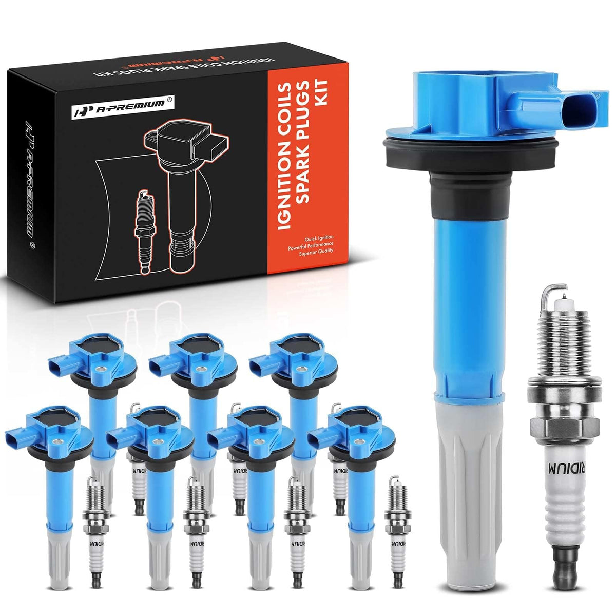 A-Premium (Blue) Ignition Coils and Spark Plugs Kits Compatible with Ford F-150 2011-2016, Mustang 2011-2015, 5.0L 8-PC Set