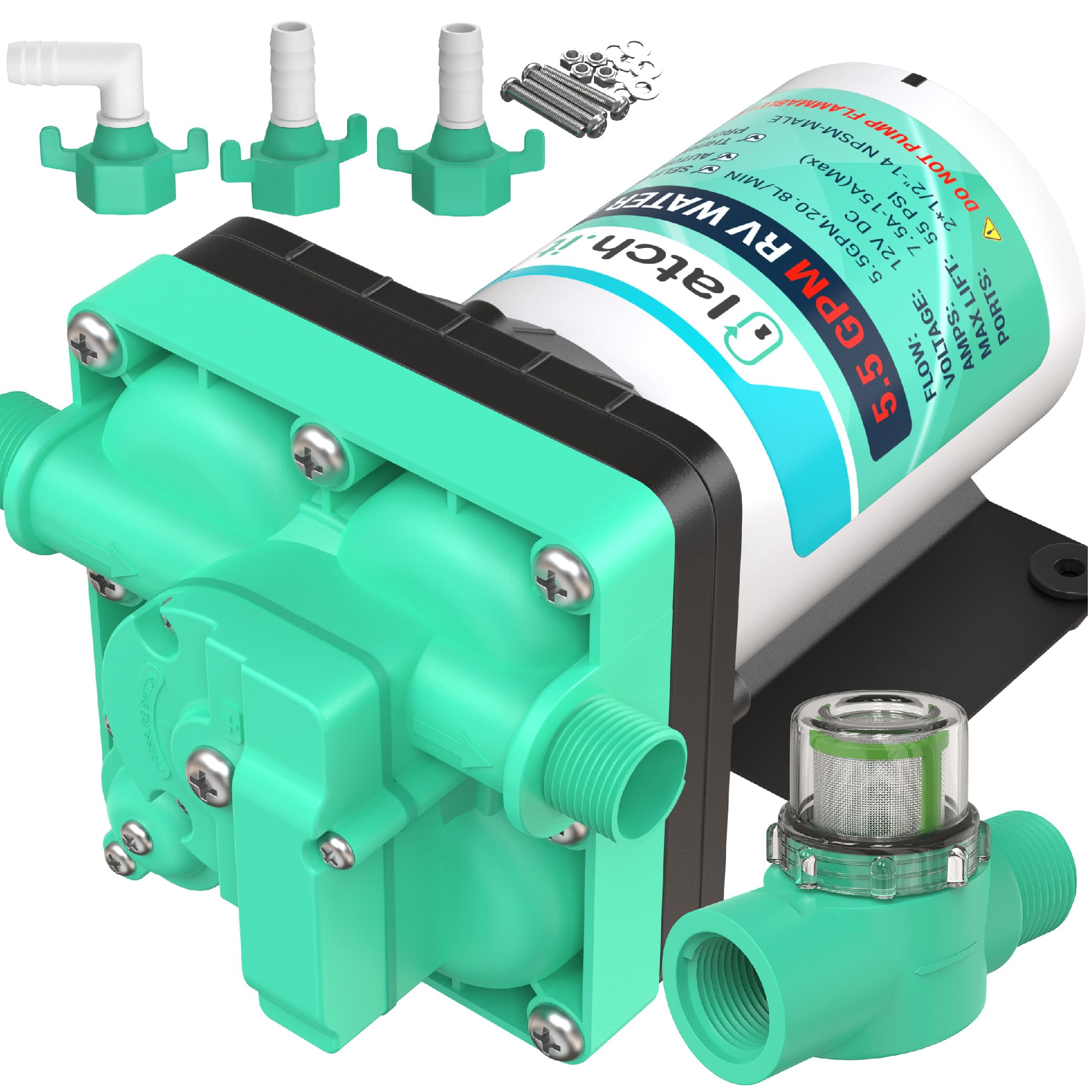 LATCH.IT RV Water Pump 12V | 5.5 GPM 50 PSI Camper Water Pump | 7 Ampere 12V WaterPump | Self Priming 12Volt WaterPump with Pres