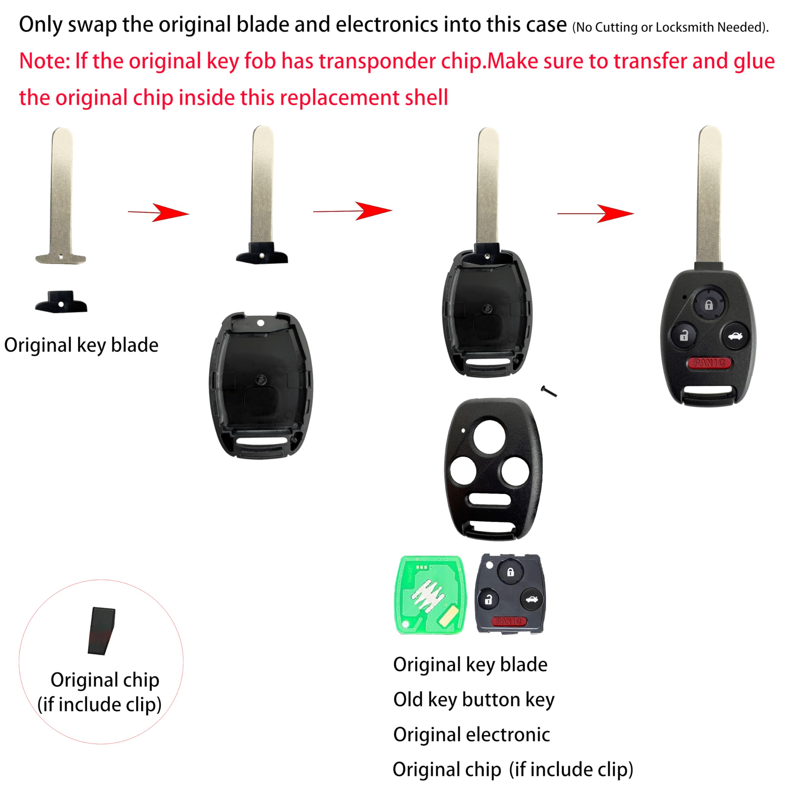 Kyhodsgn Key Fob Cover Shell For Honda 2003 - 2012 Accord 2009-2015 Pilot,3+1Button Keyless Remote Fob Case Kit Fit For 2006-201