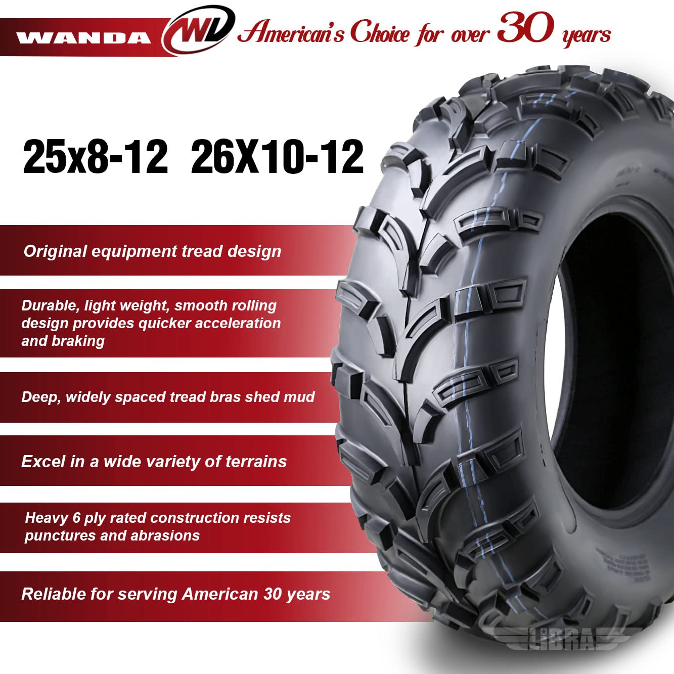 Wanda Set Of 4 Atv Tires 25X8-12 25X8X12 Front & 26X10-12 26X10X12 Rear 6Pr P373