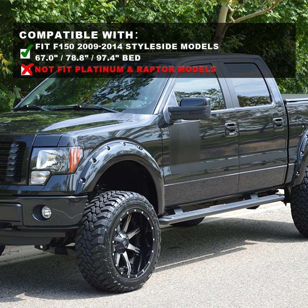 G-PLUS Pocket-Riveted Fender Flares for 2009-2014 Ford F150, Black, Polypropylene, Fits 67"/78.8"/97.4" Bed Length Models