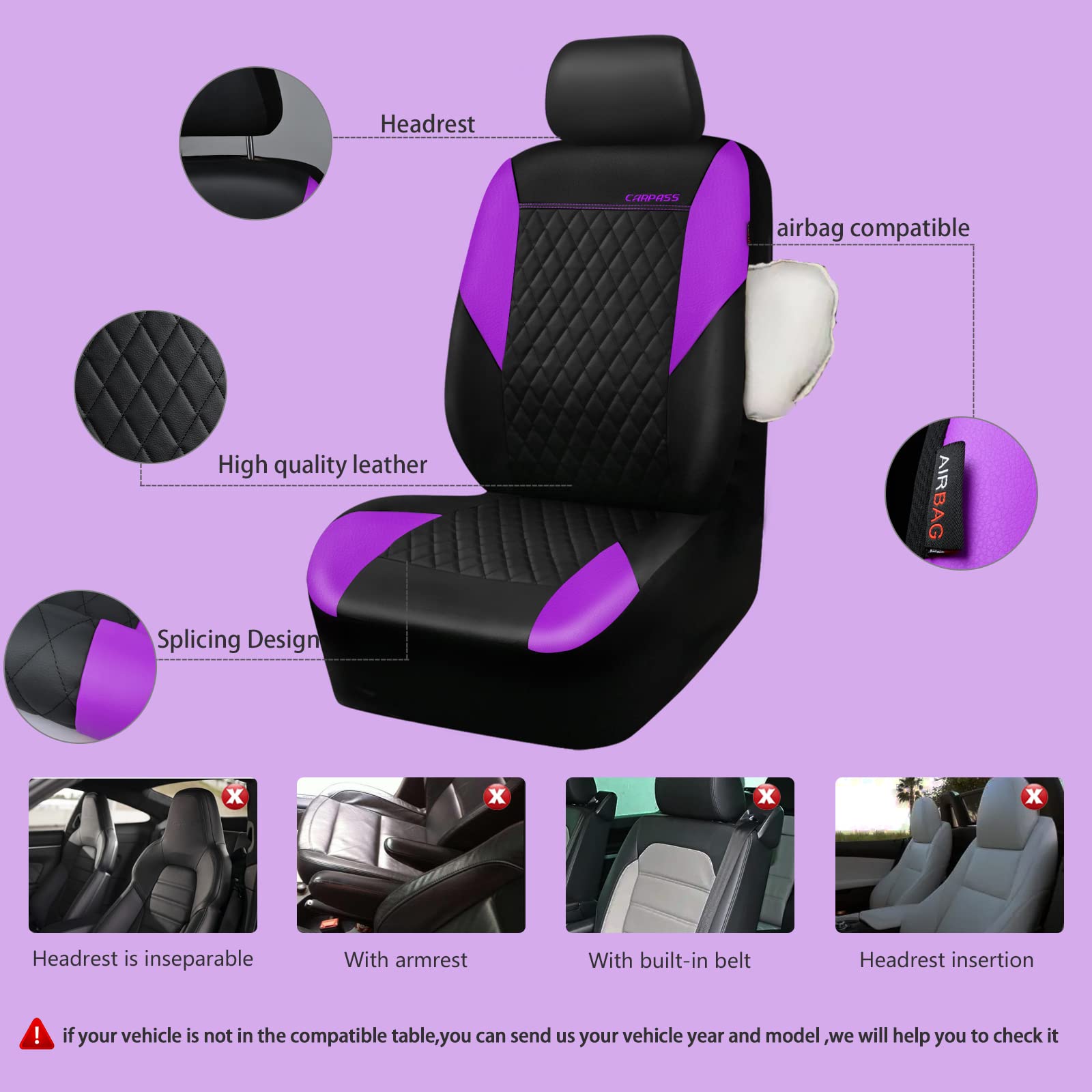 Car Pass Purple Leather Seat Covers, Quilting Pretty Car Seat Cover With 5Mm Composite Sponge Inside,Airbag Compatible,Universal