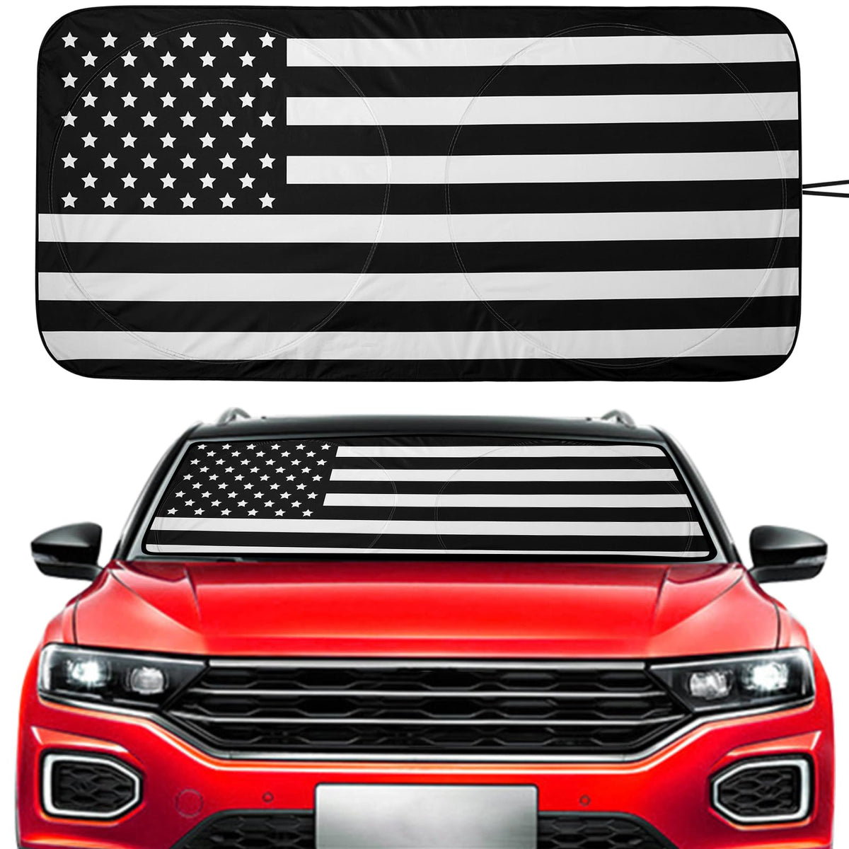 Vepagoo Windshield Sun Shade B&W American Flag Design Sun Shade For Car Front Window Anti-Uv Rays, Heat Protection For Car Inter