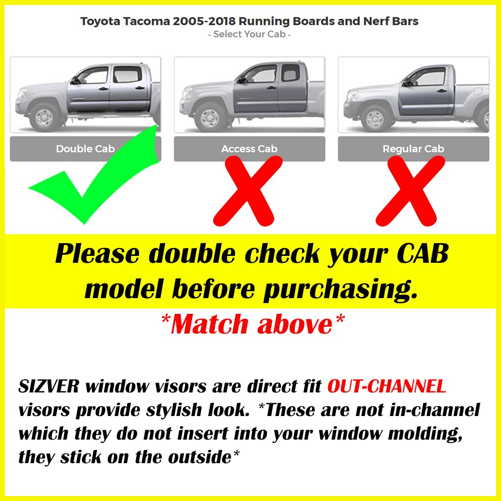 Sizver Smoked Window Visors/Wind Rain Deflector Rain Guard For 2005-2015 Toyota Tacoma Double Cab Only