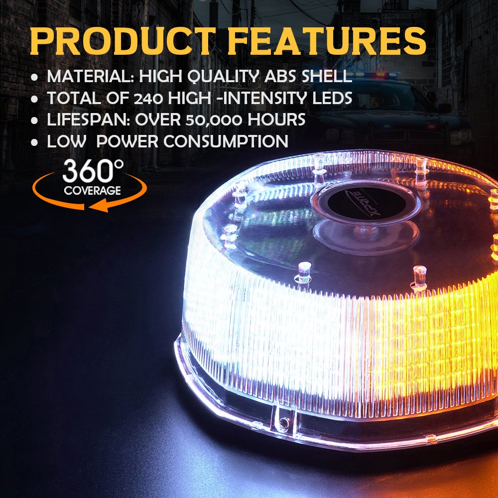 Xprite White Amber Yellow 240 Led Emergency Warning Rotating Strobe Beacon Light, 14 Flash Modes Revolving Safety Caution Lights