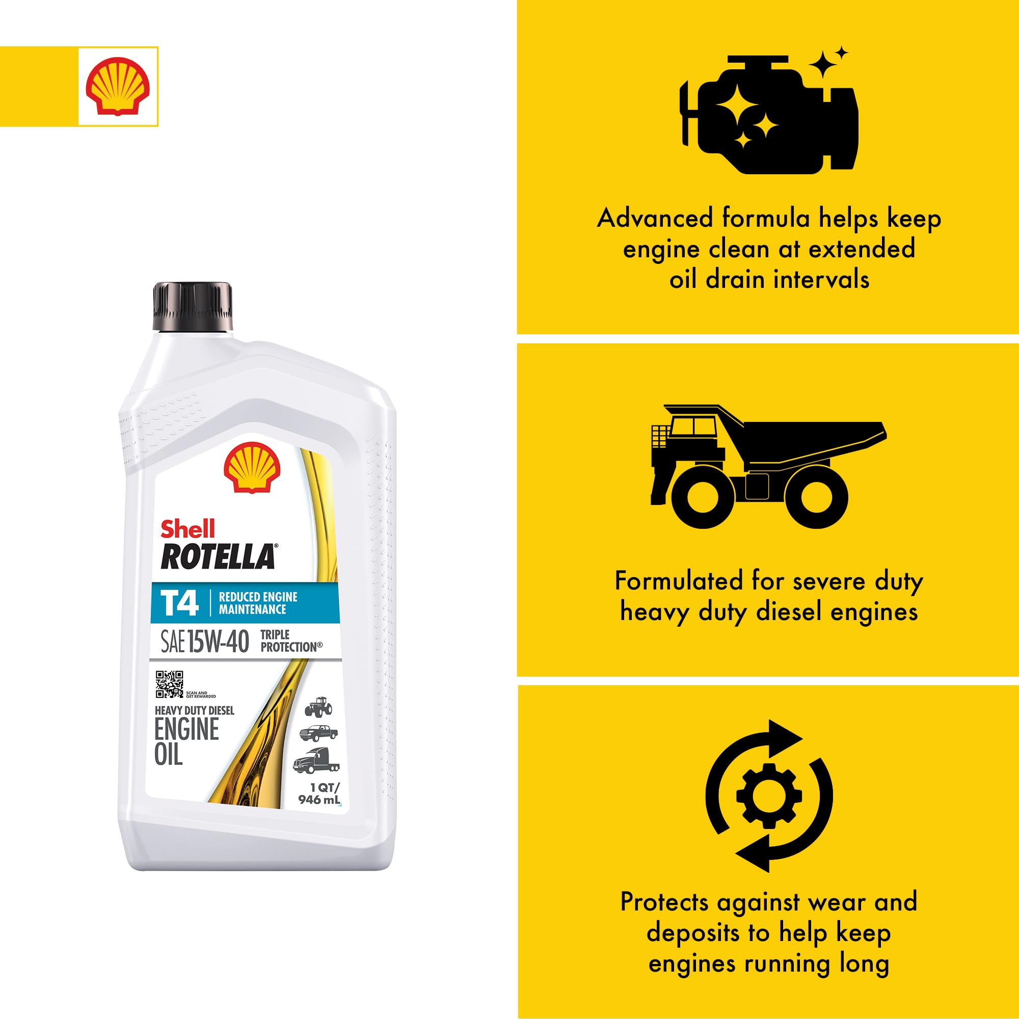Shell Rotella T4 Triple Protection Conventional 15W-40 Diesel Engine Oil (1-Quart, Case Of 6)