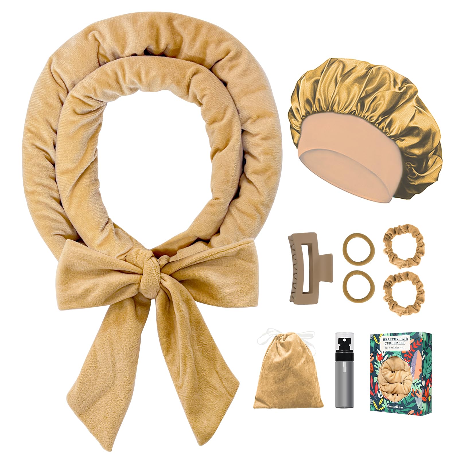 Gwabee 70'' Soft Hair Curlers For Overnight Curls - No Heat Curl Wrap With 9 Rods For Long Hair, Khaki