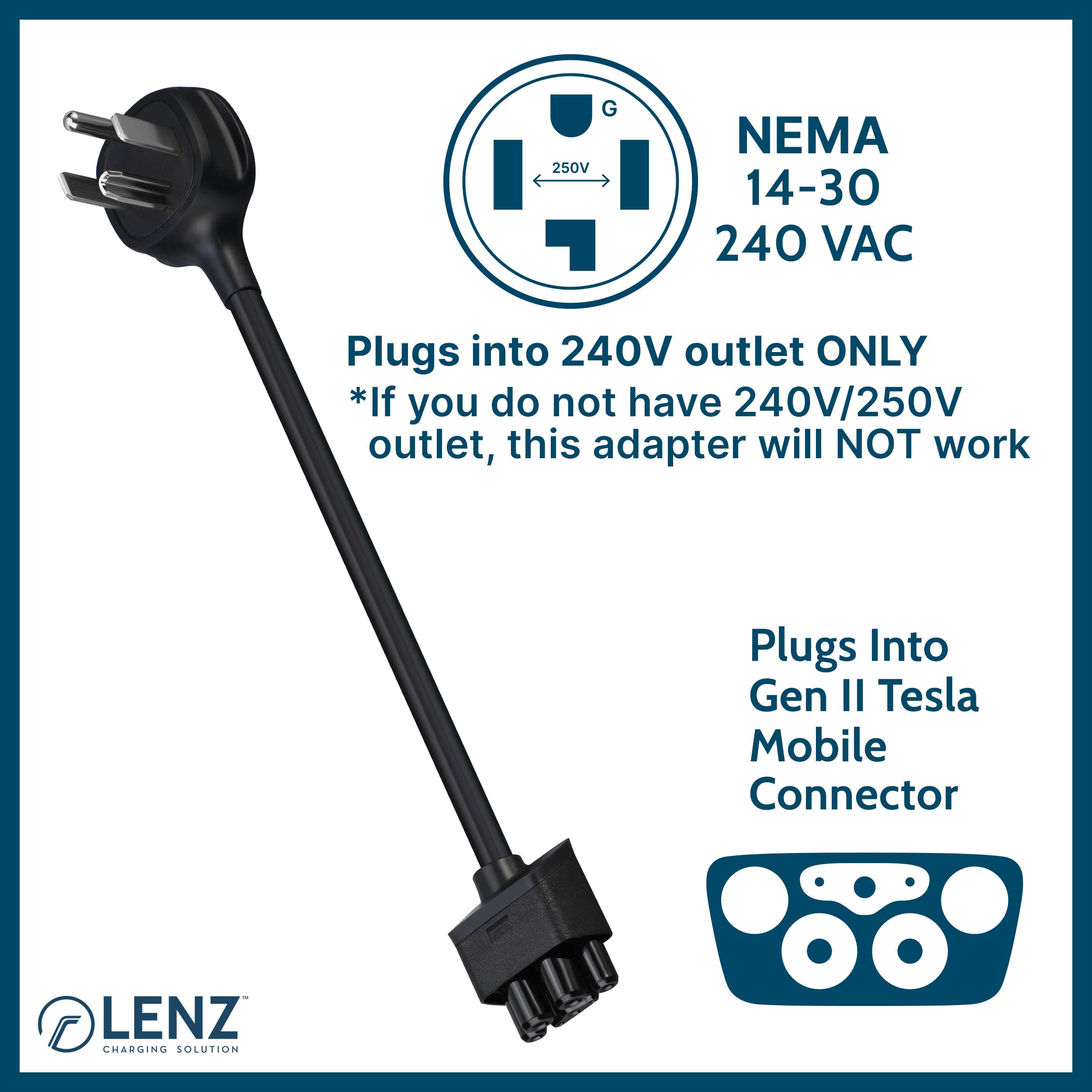 Lenz Nema 14-30 Adapter For Tesla Gen 2 Mobile Charger (Verify Correct Outlet For Plug), Connect Tesla Portable Charger To 240V