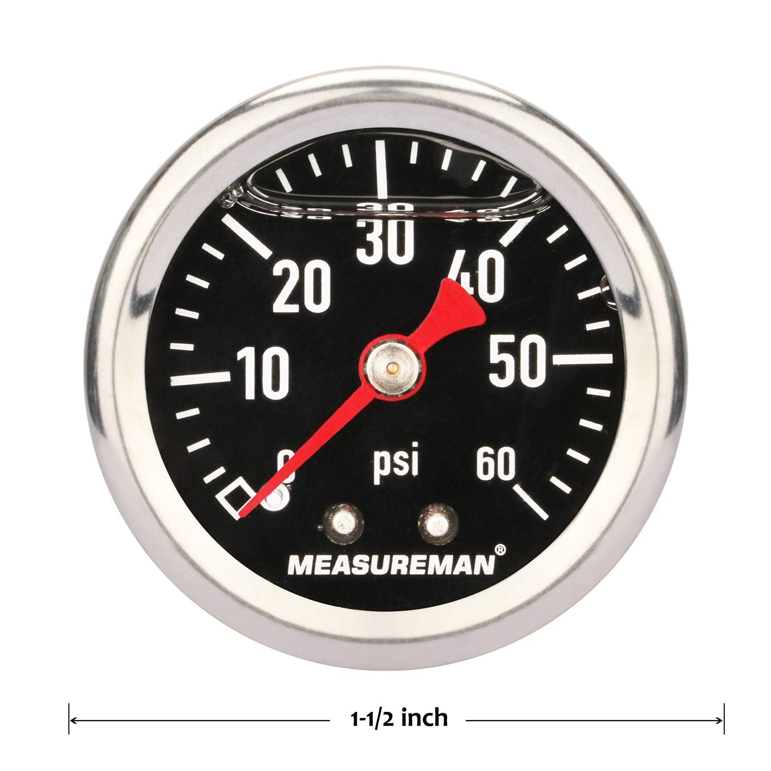 Measureman Fuel Pressure Gauge 0-60Psi 1.5'' Dial, 1/8'' Npt Back, Stainless Steel Case, Brass Inside, Glycerin Filled, Black Di