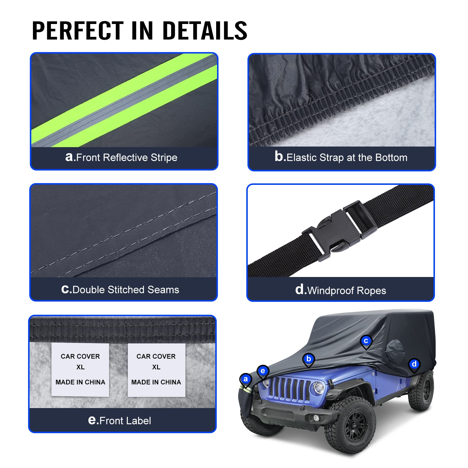 KAKIT 6 Layers Heavy Duty Covers for Jeep 2007-2020 4 Door Waterproof & All Soft Inside with Windproof Strap & Driver Door Zippe