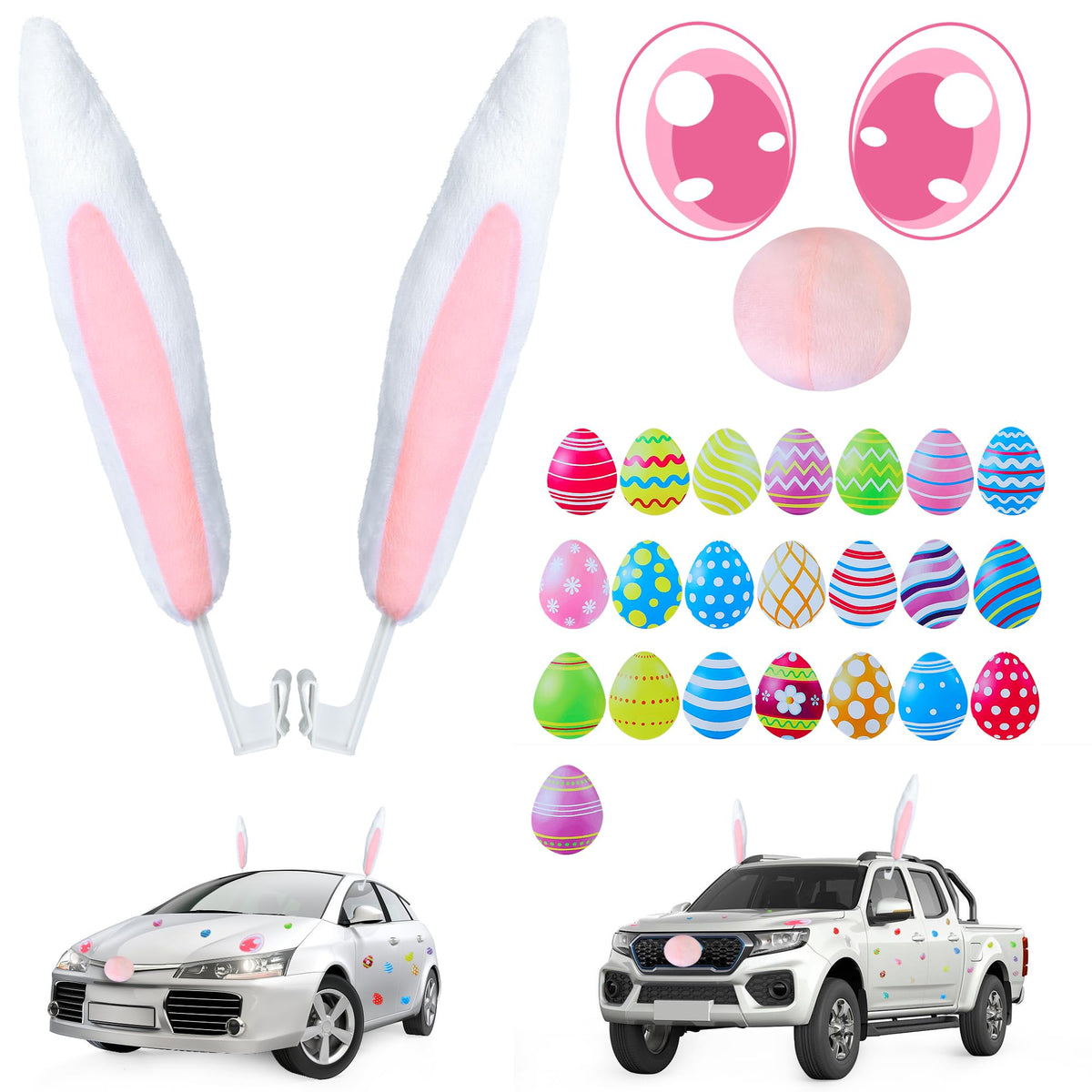 Tugaizi Easter Bunny Ears Decoration for Car, Easter Bunny Kit with Pink Eyes & 22 Pcs of Egg Magnets, Cute Easter Vehicle Acces