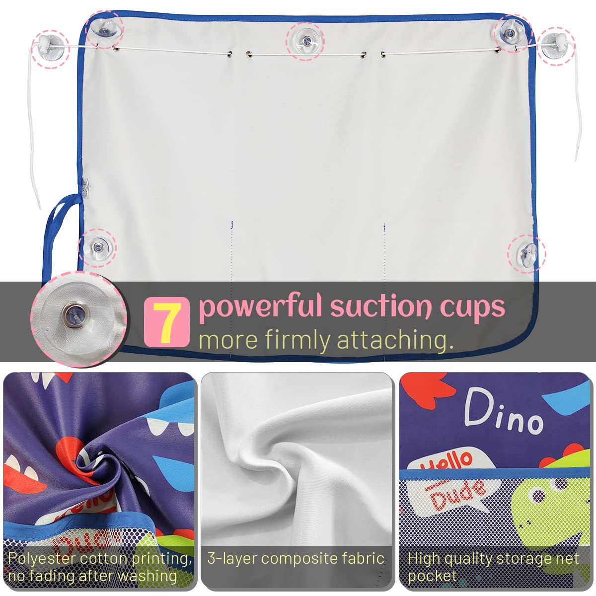 DIZA100 Car Window Shade for Baby, 2 Pack Car Sun Shades with Storage Net Pocket Car Window Curtain 7 Suction Cups Blue Dinosaur