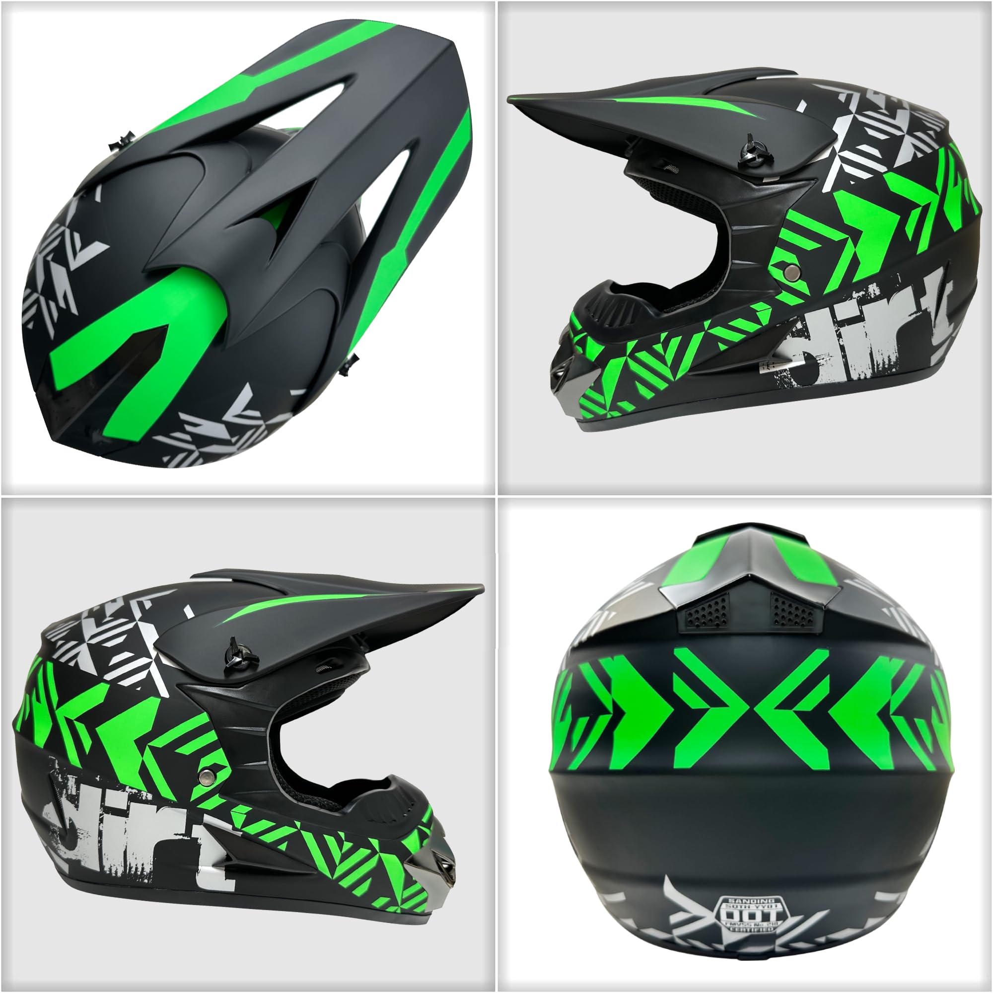 Sanqing Motocross Helmet Fashion Youth Adult Dirt Bike Helmet Unisex-Adult Dirt Bike Off-Road Mountain Bike Motorcycle Helmet Dot Approved (Gloves Goggles Face Shield) 4Pcs Set (Large, Blackgreen)
