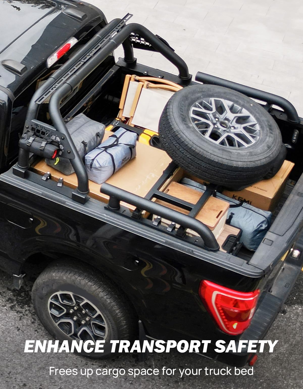 JOYTUTUS Roll Bar with Tire Carrier for Full-Size Truck Adjustable Chase Rack Pickup Sport Bar Compatible with F150, F250, F350,