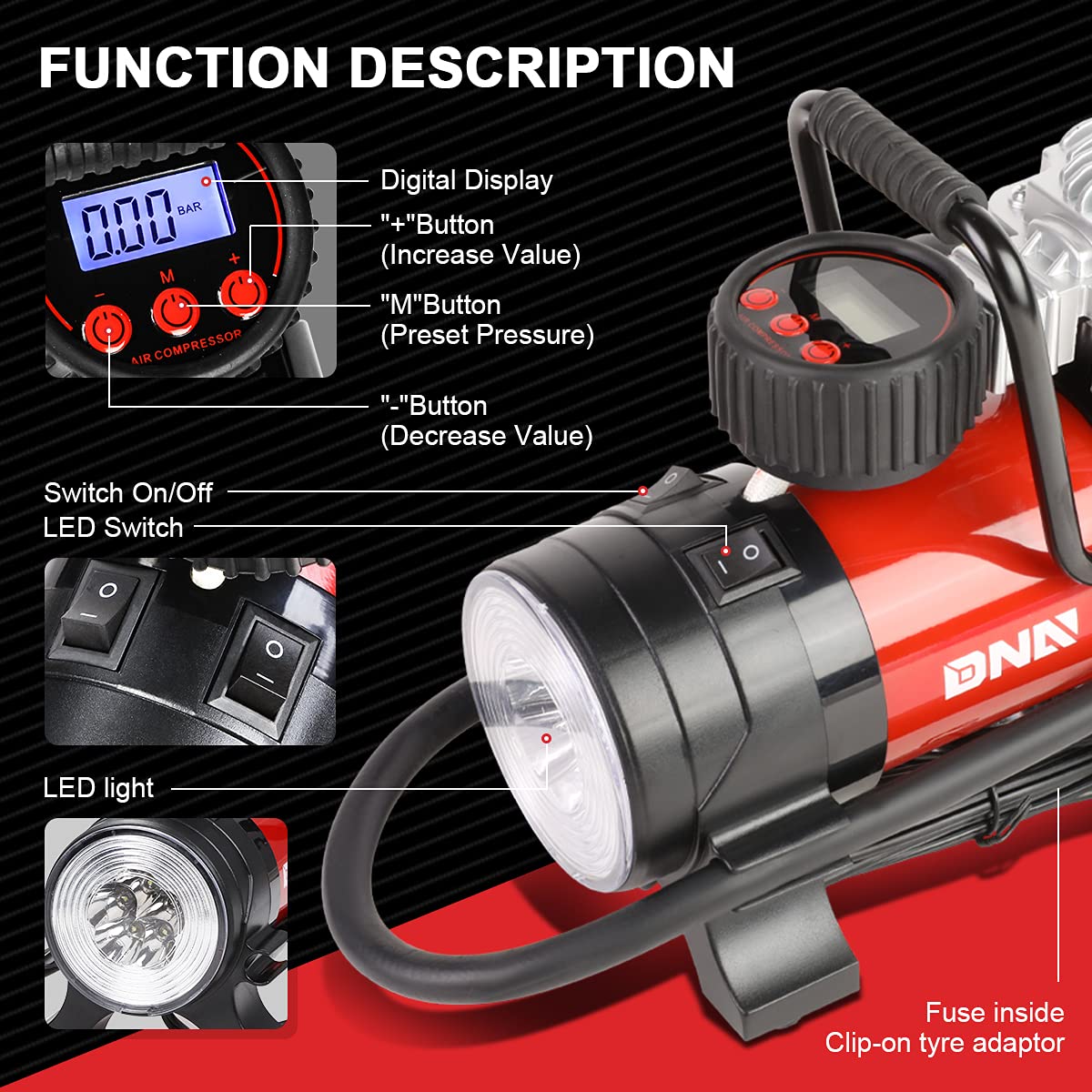 Dna Motoring 12 V 125 Psi Led Flash Light Air Pump Portable Air Compressor Inflator For Cars, Bikes And Balls (Tools-00083)