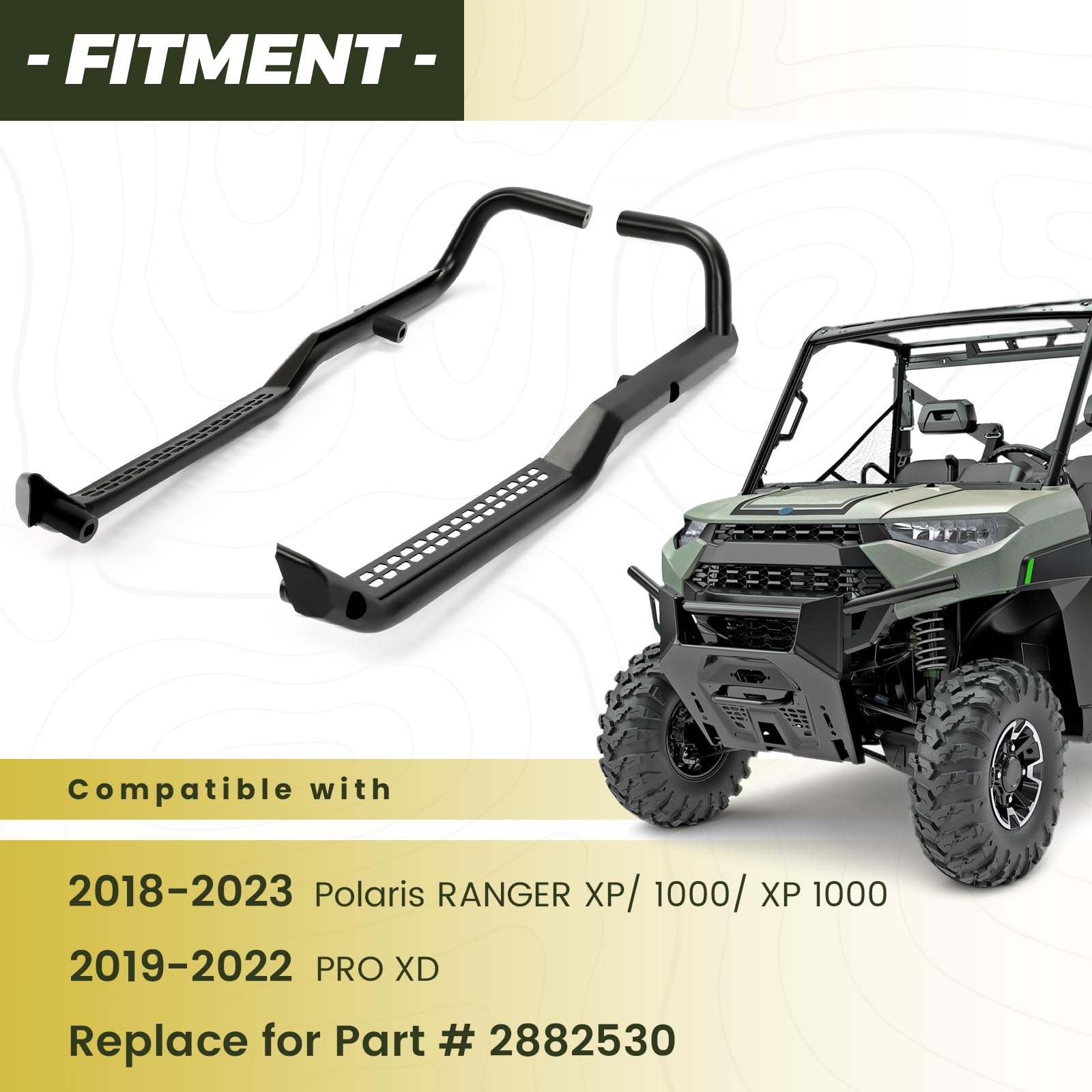 Kojem Rock Guards Sliders Side Steps for 2018-2023 Polaris Ranger XP/1000, Alloy Steel, Black, Model LYPS-022