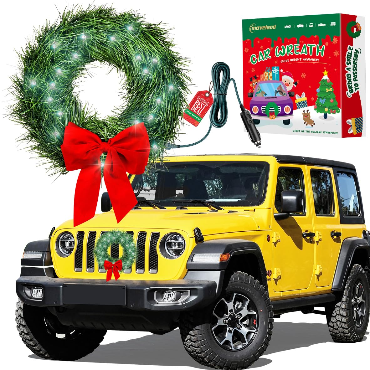 Moveland Led Car Wreath With Red Bow - 11'' Artificial Wreath For Car Grill -12V Plug-In Wreath Lighting - Christmas Car Decorat