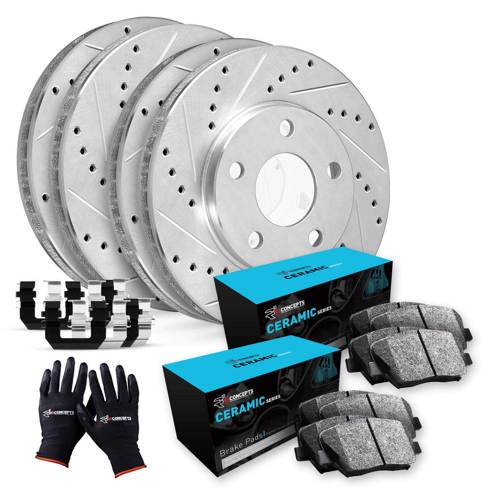 R1 Concepts Front Rear Brakes And Rotors Kit |Front Rear Brake Pads| Brake Rotors And Pads| Ceramic Brake Pads And Rotors |Hardware Kit|Fits 2004-2008 Acura Tl