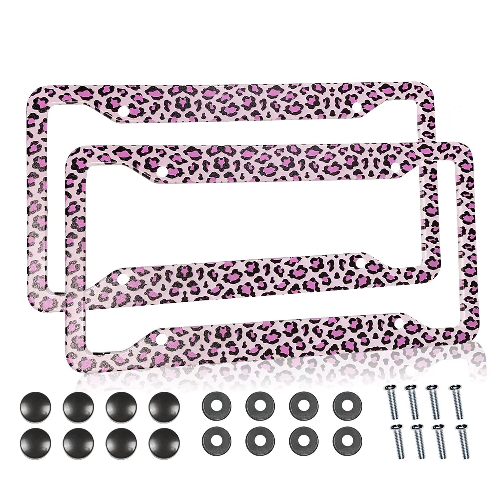 Pink Leopard Print License Plate Frame Metal Aluminum License Plate Cover Car Tag Holder With 4 Holes, Women Men Auto Decoration