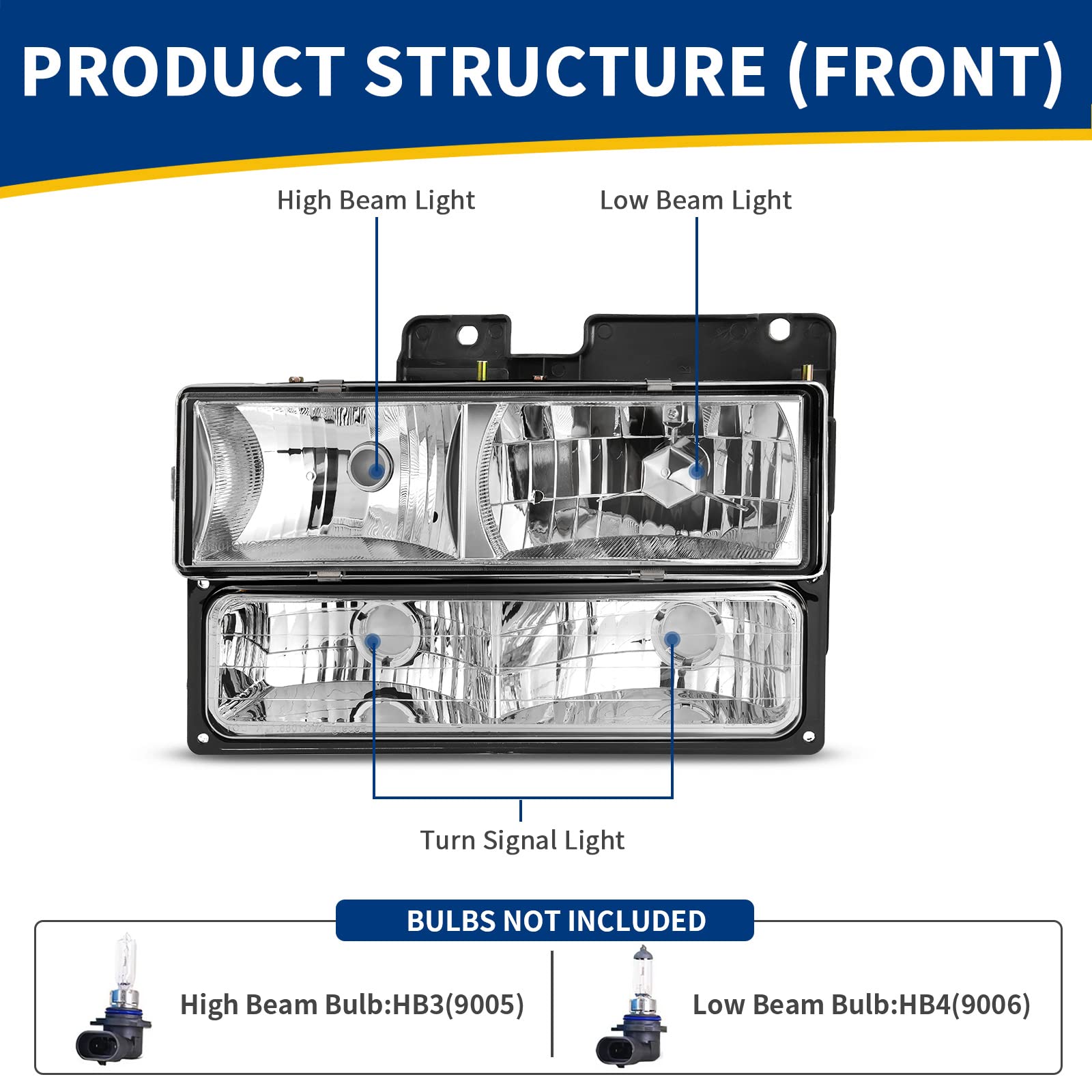 Autosaver88 Headlight Assembly With Bumper Lights Compatible With 1990-1999 Chevy C/K Suburban Silverado Tahoe Blazer Gmc C/K Yukon Pickup Truck Headlamps