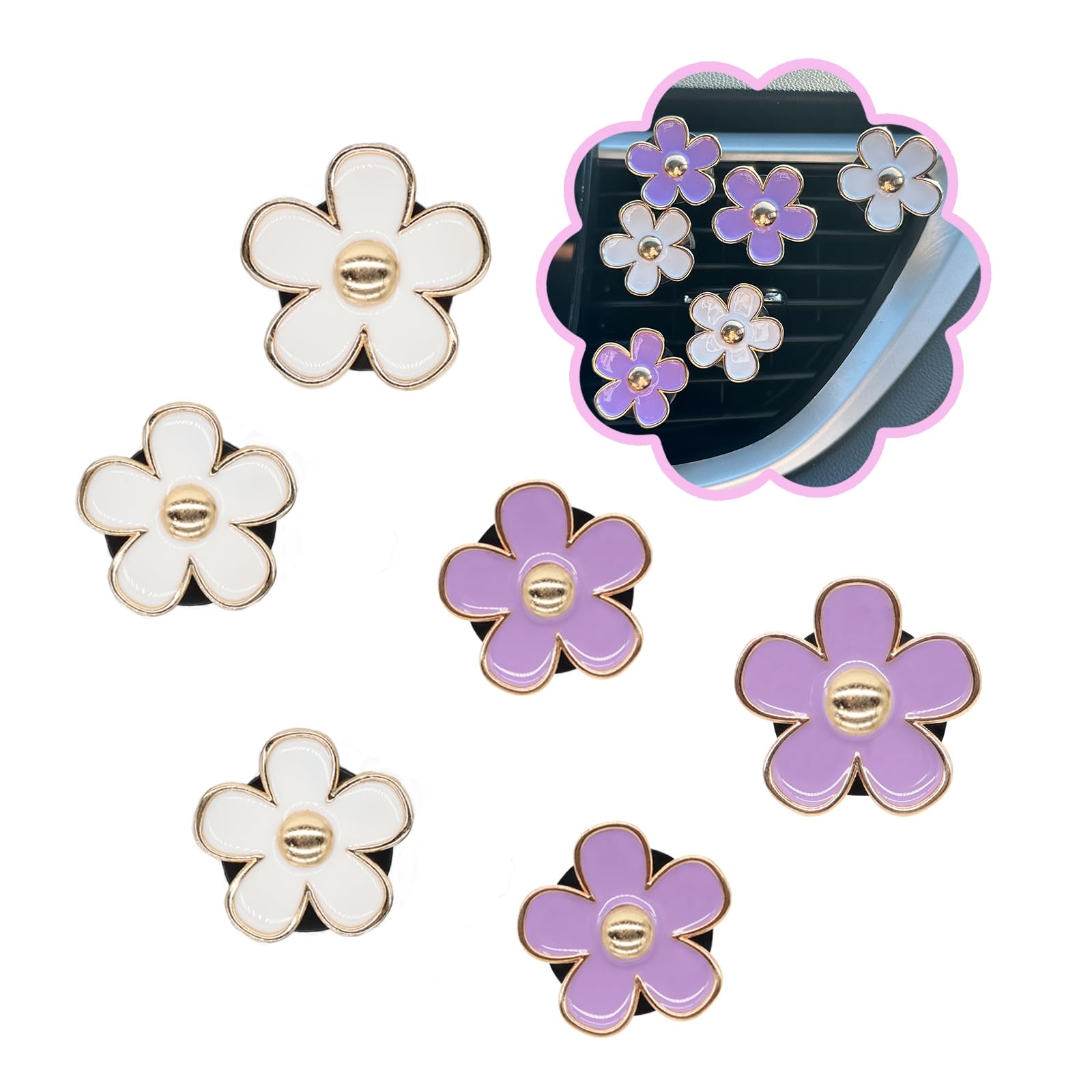 Oriesse 6Pcs Flowers Car Air Freshener Vent Clips Purple White Daisy Air Vent Clip Car Accessories For Women 3.3Cm/3Cm Flower Ve