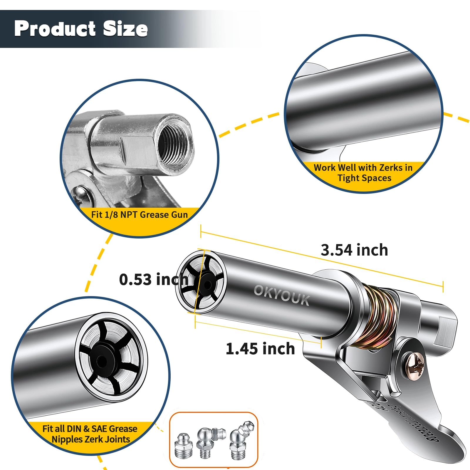 OKYOUK World's Smallest Grease Gun Coupler (Only 0.53 '') with Cleaning Tool, High Pressure Quick Release Grease Tips,Fit All 1/
