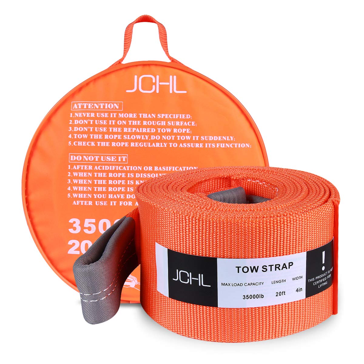 Jchl Recovery Tow Strap Heavy Duty Draw String 4'' X20Ft 35000Lbs (18Ton) Rated Capacity Off Road Towing Rope Reinforced Loops S