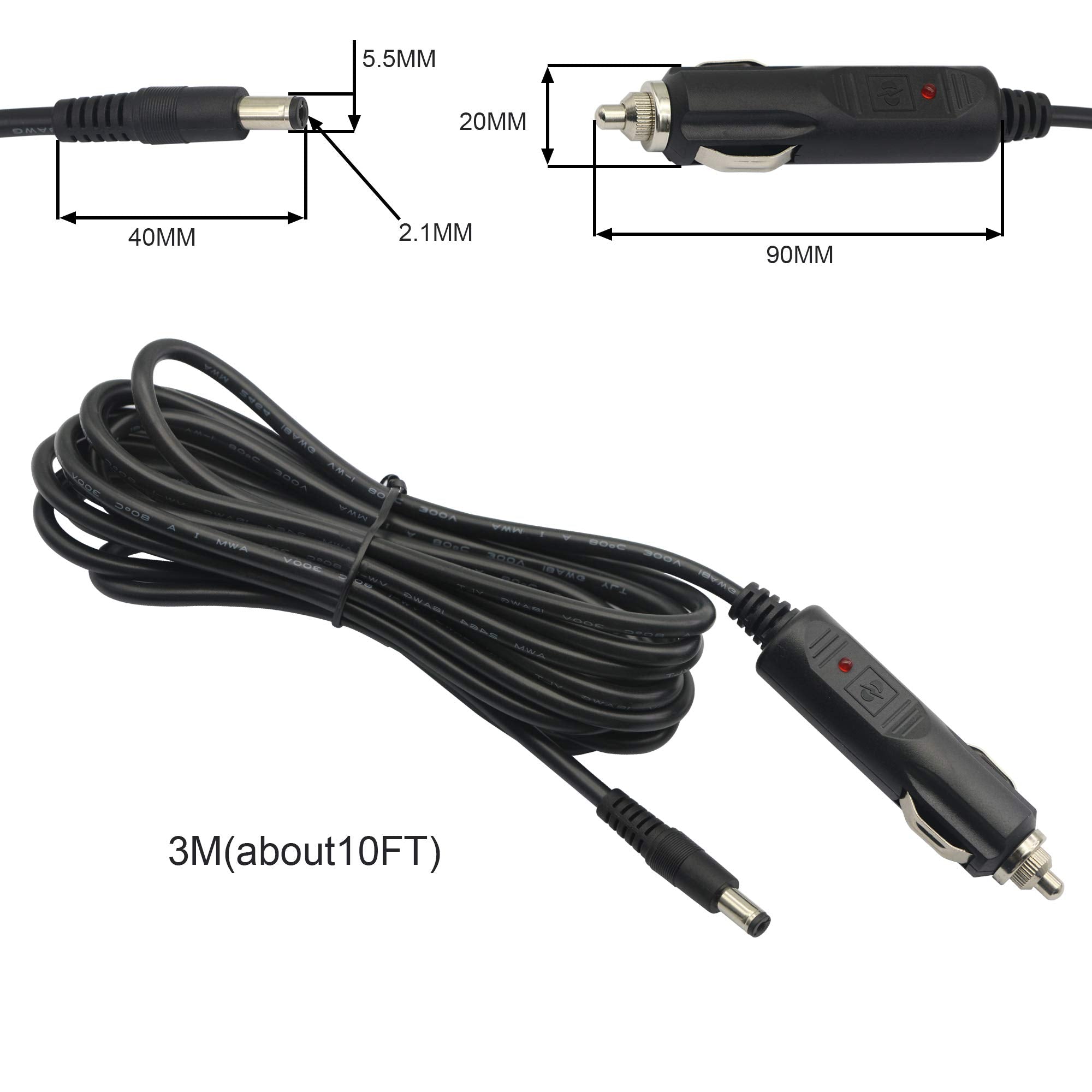 12V 24 V Dc 5.5Mm X 2.1Mm Car Cigarette Lighter Extension Power Supply Adapter Cable With Led For Car Truck Bus Van(10Ft)