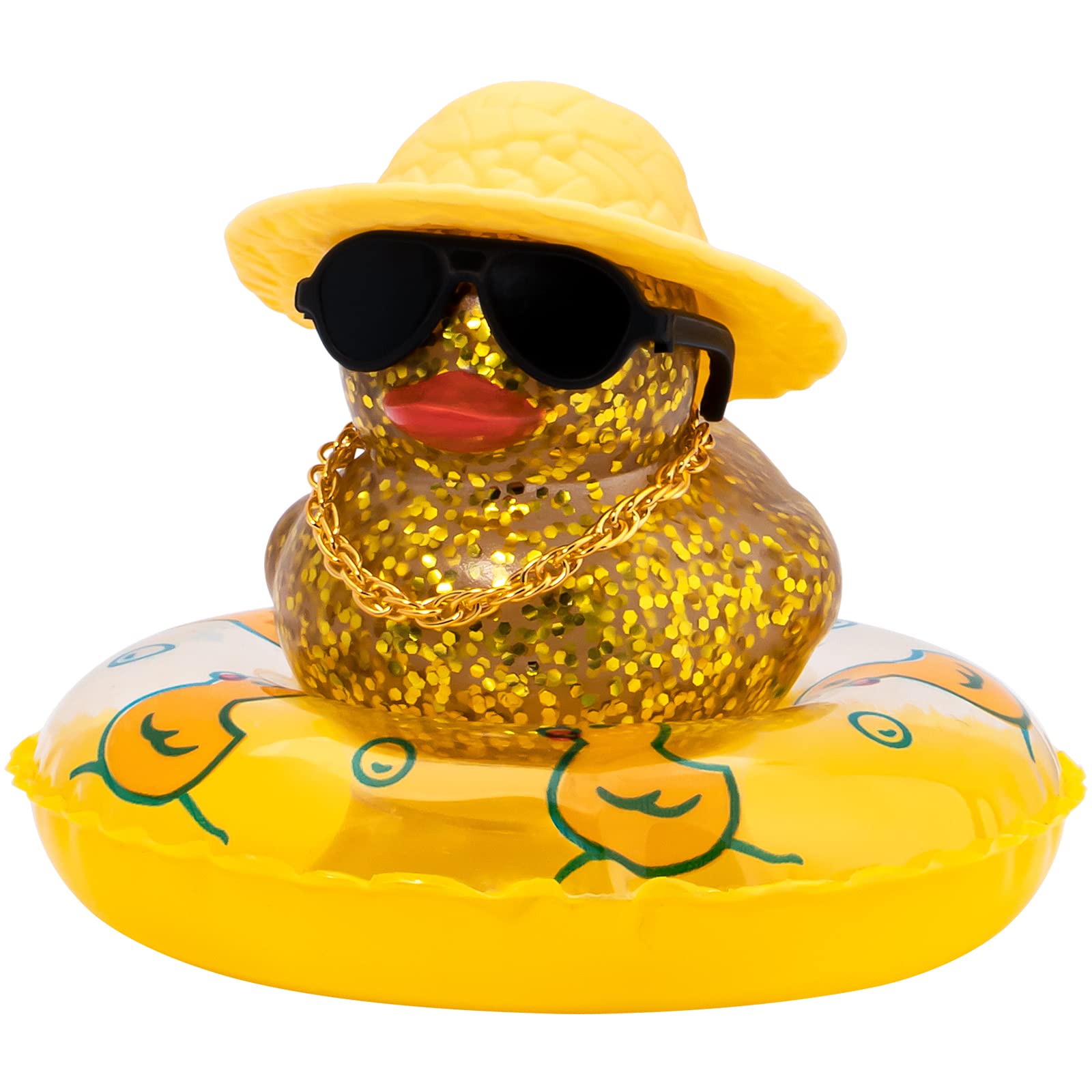 Wonuu Shining Rubber Ducks With Plastic Sunglasses Swim Ring Necklace Hat, Glittering Cute Car Accessories Decor Dashboard Decor