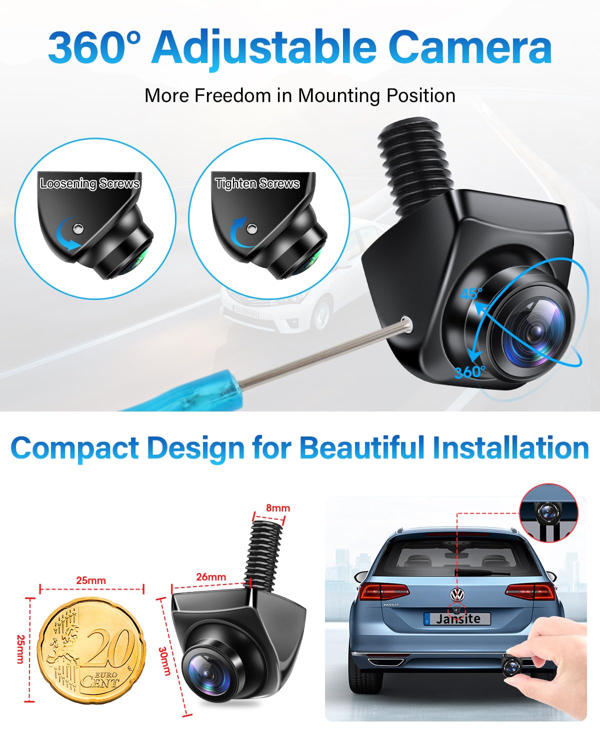 Ahd 1080P Backup Camera 360Rotatable Back Up Camera For Cars Reverse Camera For Truck Super Night Vision Ip69K Waterproof Rear/F