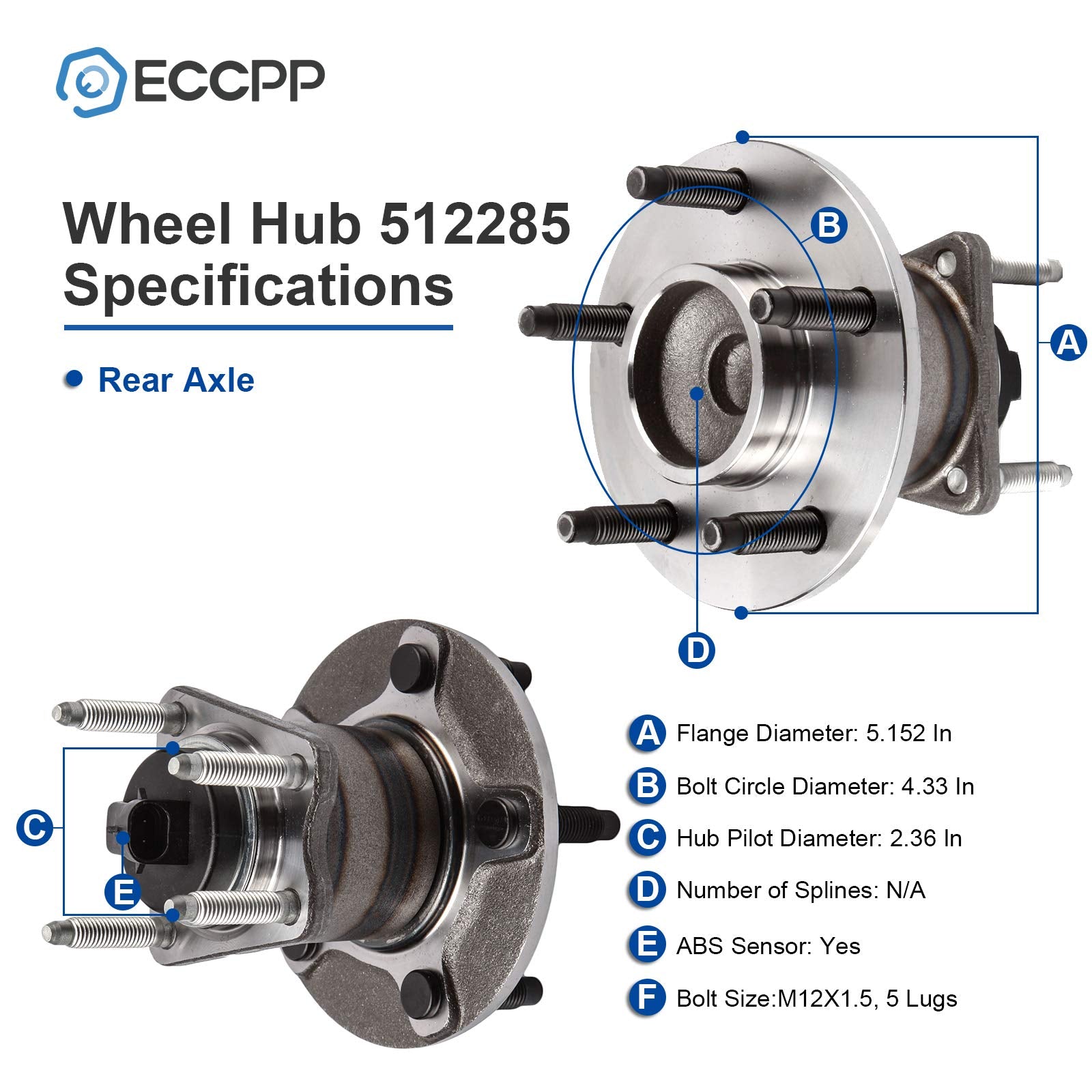 ECCPP Rear Wheel Hub Bearing Assembly 5 Lugs w/ABS for 2005-2007 for Pontiac for Chevy Compatible with 512285