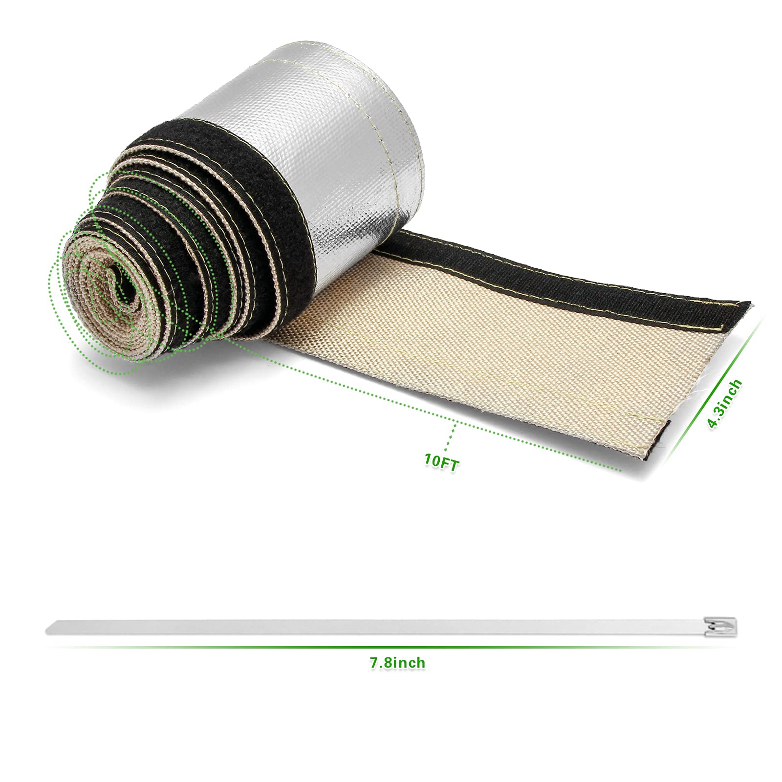 Heat Shroud Aluminized Sleeving Heat Shield Fuel Line Wire Heat Sleeve 1'' I.D. X 10Ft With 20 Pcs 7.8Inch Stainless Steel Cable