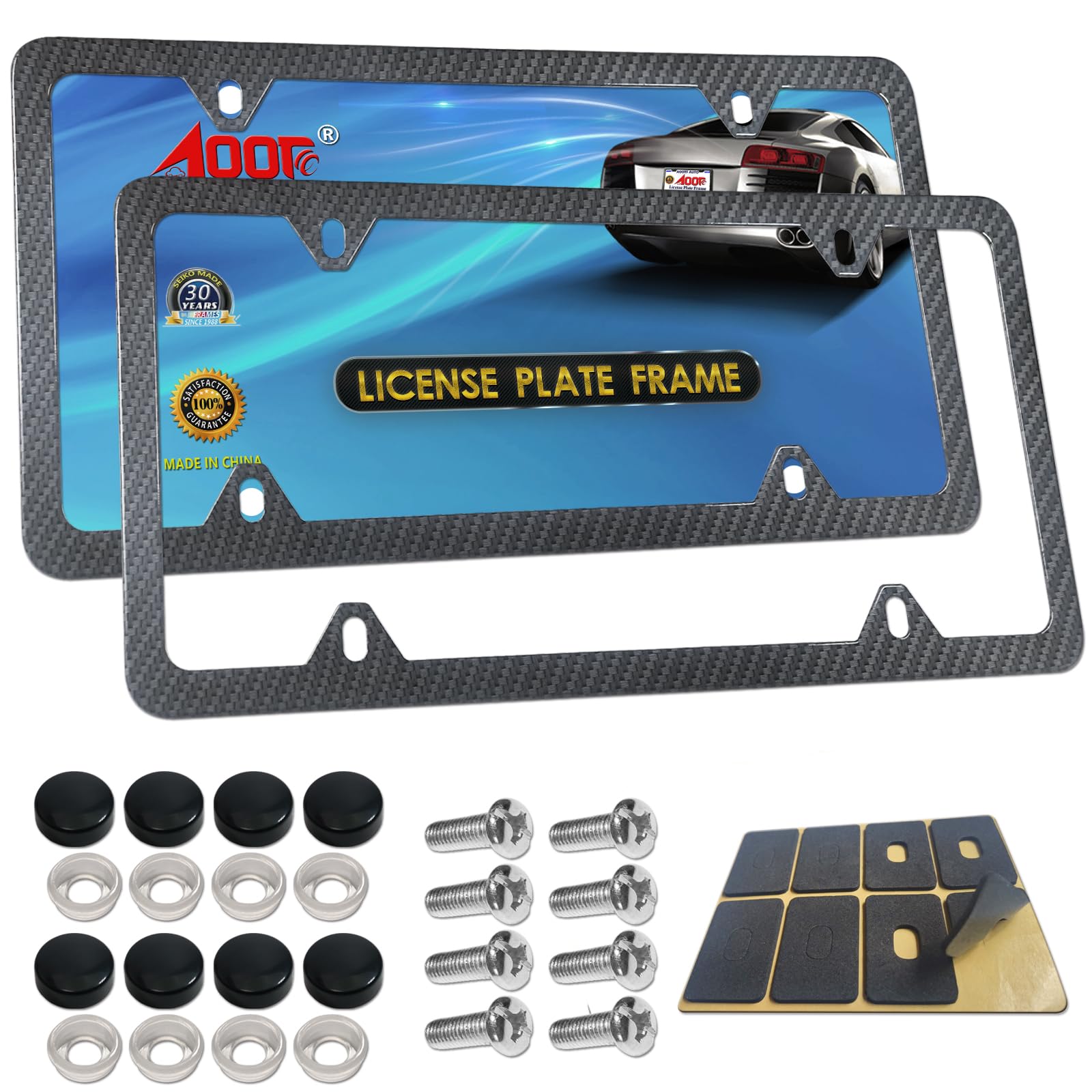 Aootf Carbon Fiber License Plate Frames -4 Holes Black Aluminum Car Tag Cover Holder Printing Carbon Fiber Pattern, Metal Slim S