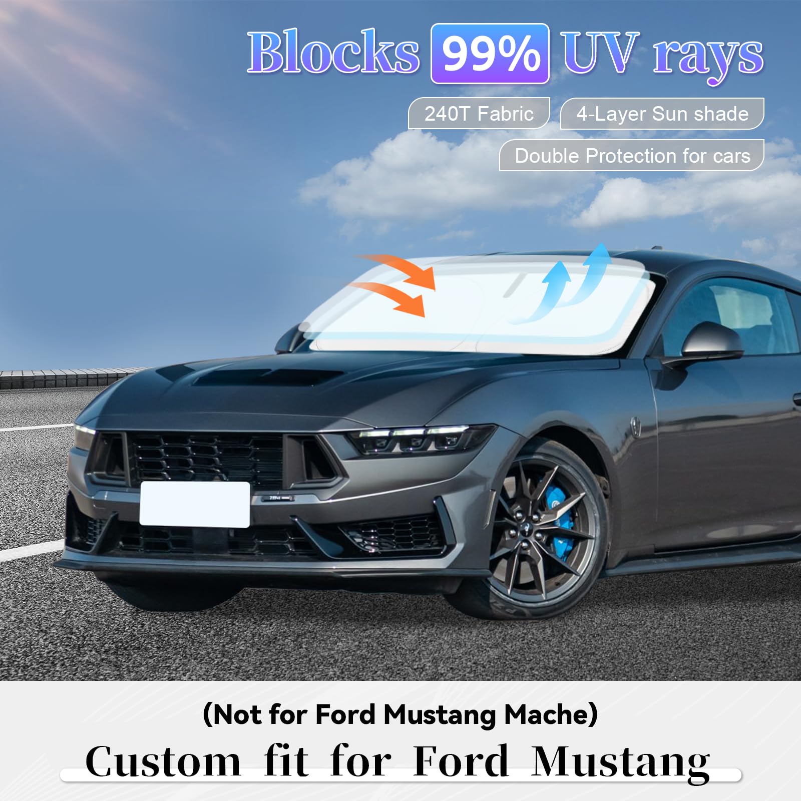Sun Shade Sunshade For Ford Mustang 2015-2025 Windshield Cover, 2-Layers Sun Shield 240T Silver Coating Sun Visor Foldable Windo