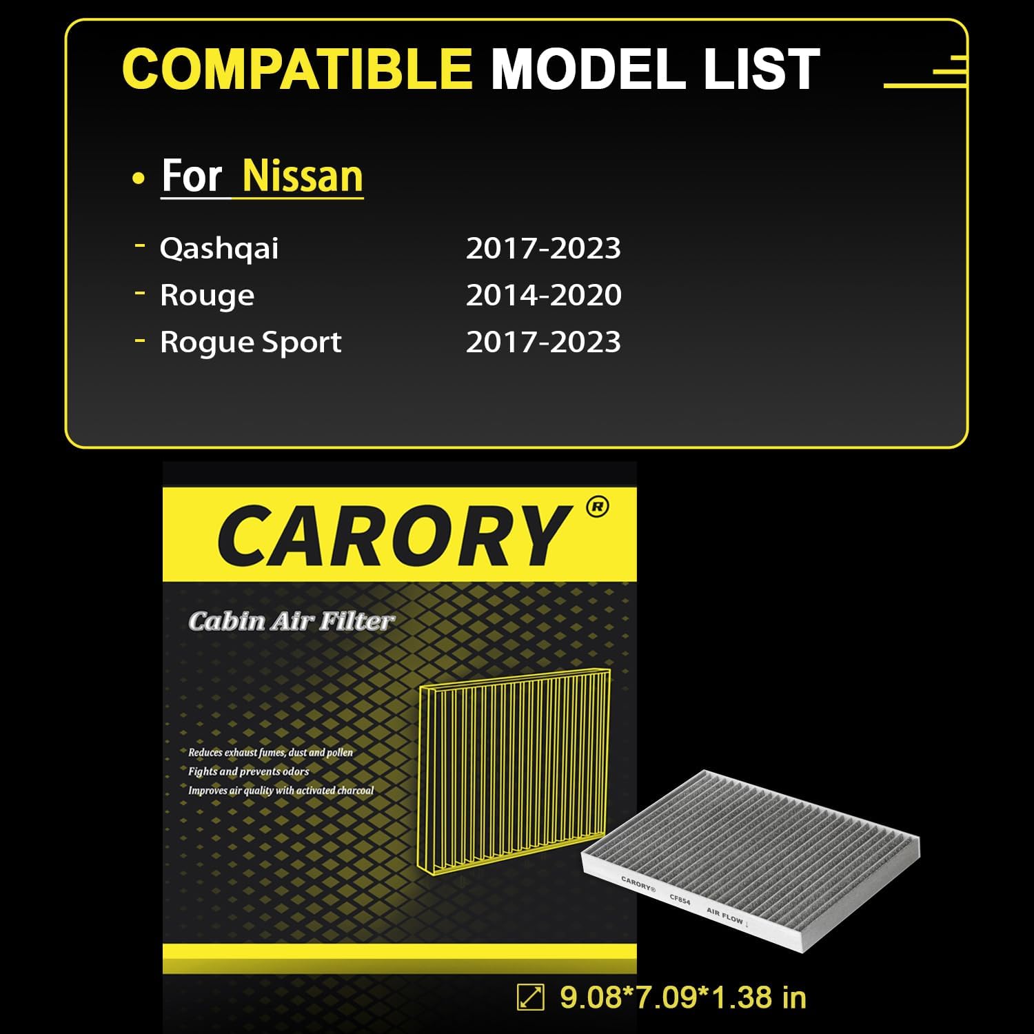 CARORY Cabin Air Filter w/Activated Carbon for 2017-2023 Nissan Qashqai, 2014-2020 Rogue, 2017-2023 Rogue Sport, 27277-4BU0A, 27