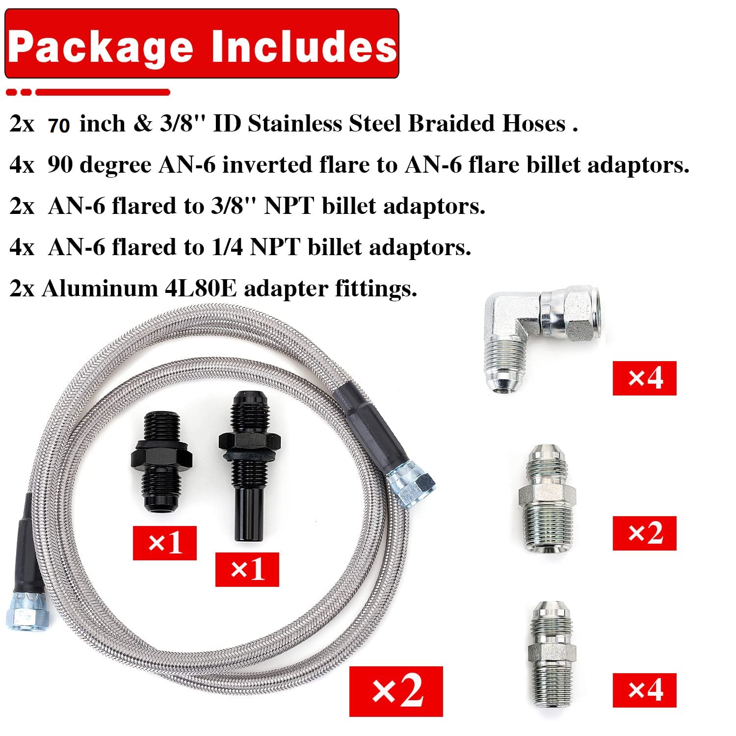 6An 70' Transmission Cooler Hose Kit Lines Fitting Kit For Gm Chevy 1996-2021 4L80E, For Ford C4-C6-Aod, For Turbo 350/400/200-200R4/700R4 4L60 4L60E 4L65E,Stainless Steel Braided Lines