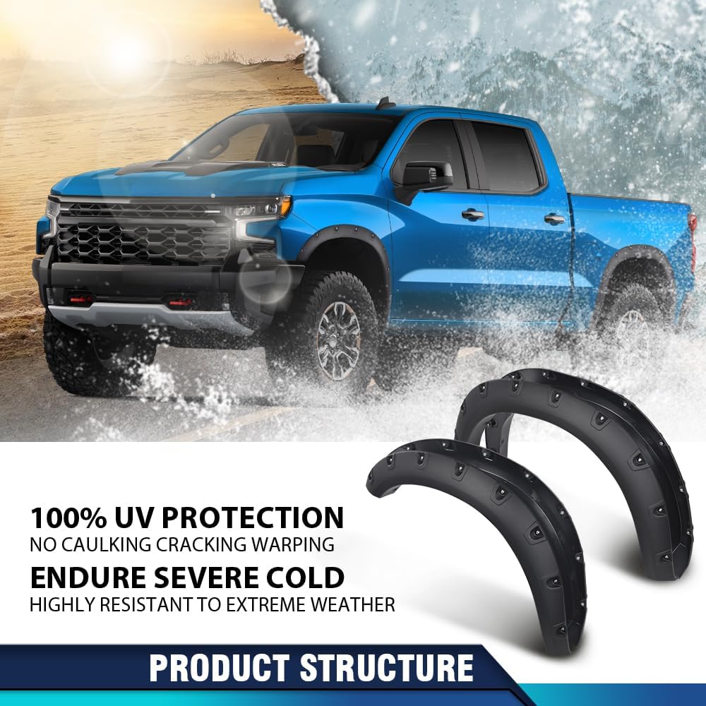 PIT66 Fender Flares Kit with Mounting Instruction and Hardware Compatible with Chevy Silverado 1500 2019-2022 Smooth Pocket Rive