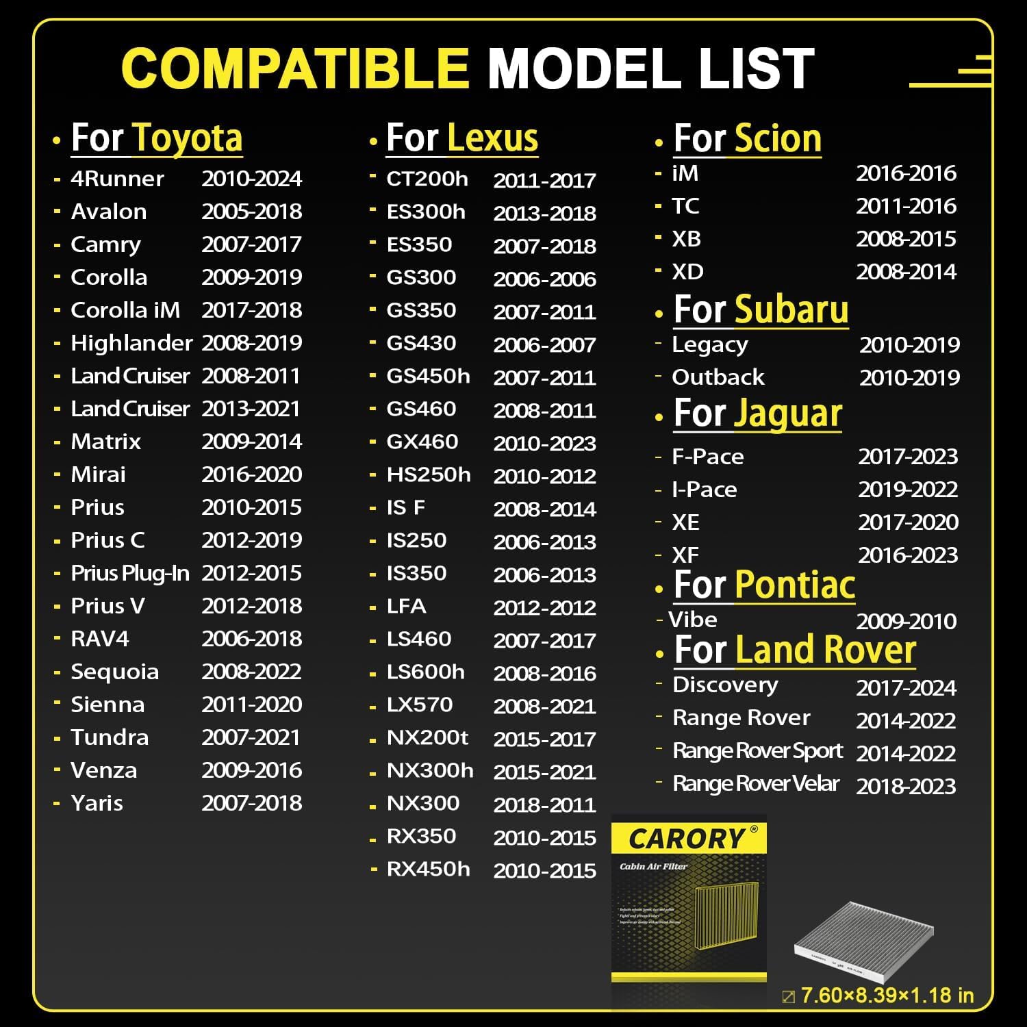 CARORY Cabin Air Filter w/Activated Carbon for Toyota Camry, Corolla, RAV4, Highlander, Lexus RX350, NX300, GX460, Subaru Legacy