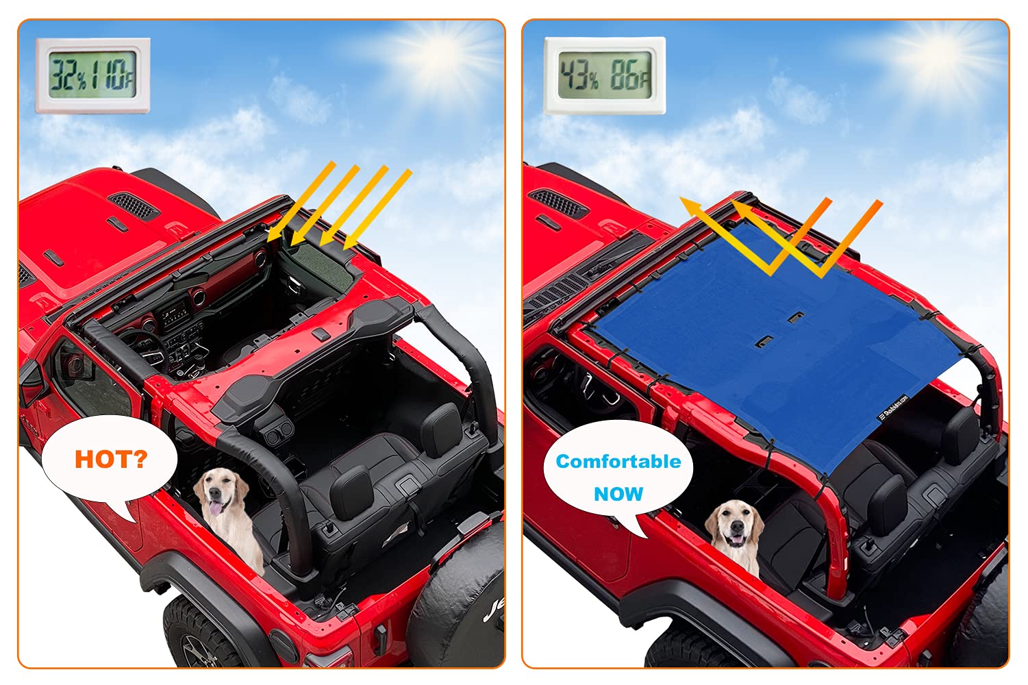 Shadeidea Top Sunshade For Jeep Wrangler Sun Shade Top Jl 2 Door (2018-2023) Sun Shade Front And Rear - Blue Mesh Screen Top Cov