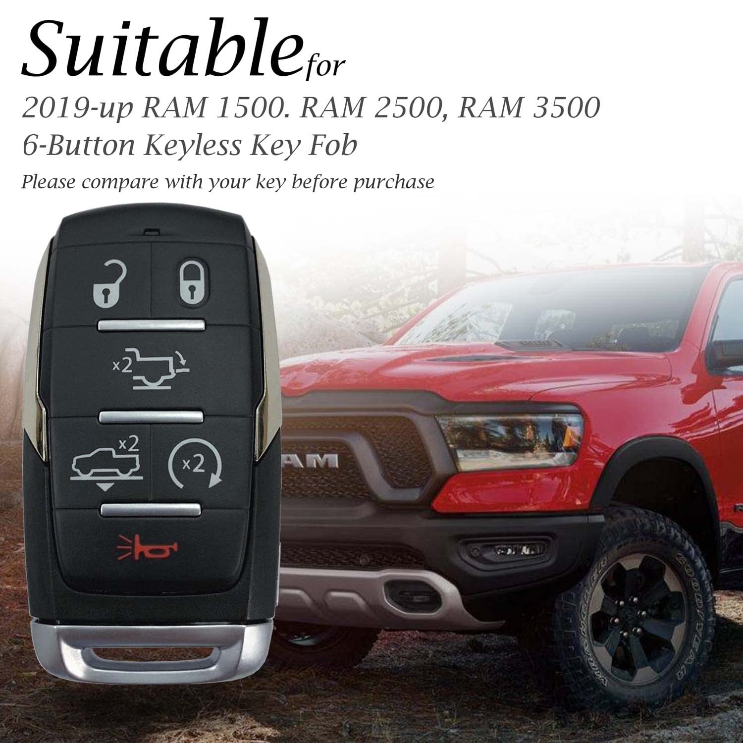 Vitodeco Genuine Leather Smart Key Fob Case Cover Protector Compatible With Ram 1500, Ram 2500, Ram 3500 2019 - 2025 (6-Button,