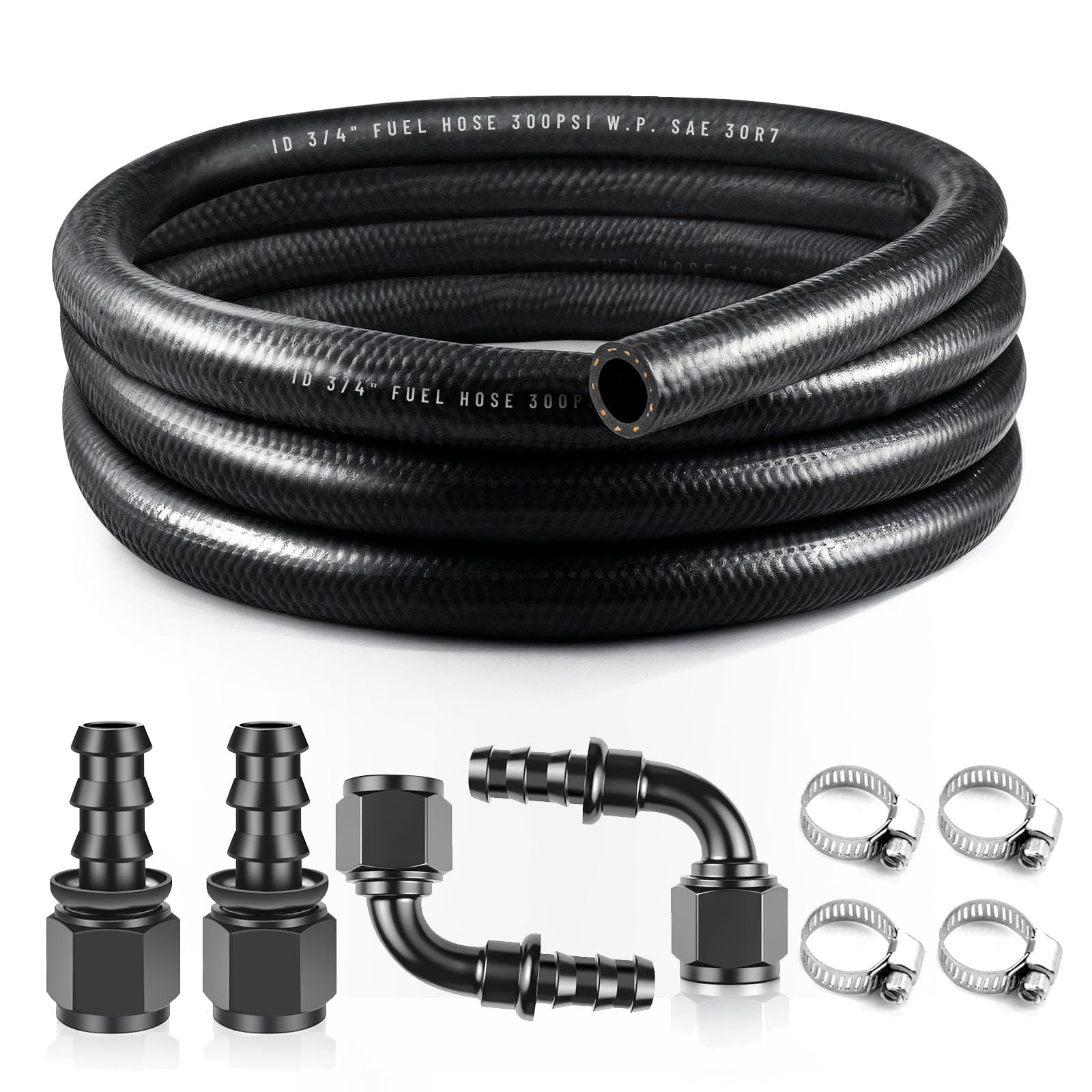 3/4 Fuel Hose Line Kit 10FT with 4Pcs 12AN Push Lock Hose Fitting End for NBR Rubber Fuel Line SAE 30R7 150PSI, Black 2-Stage Ba
