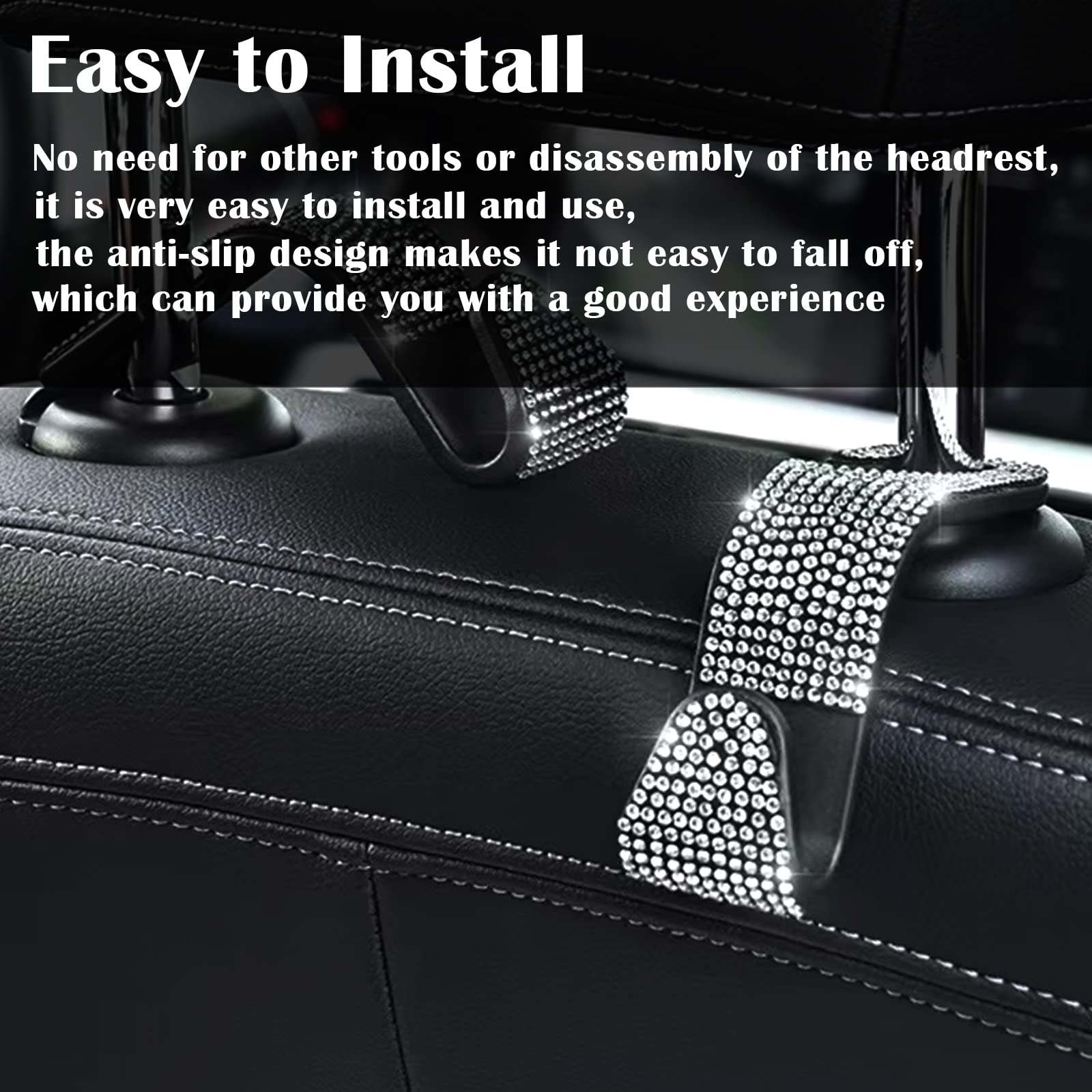 Osifit 2Pcs Car Seat Hooks, Bling Rhinestone Headrest Hooks, Universal Bling Car Interior Accessories, For Handbag, Clothes, Pur