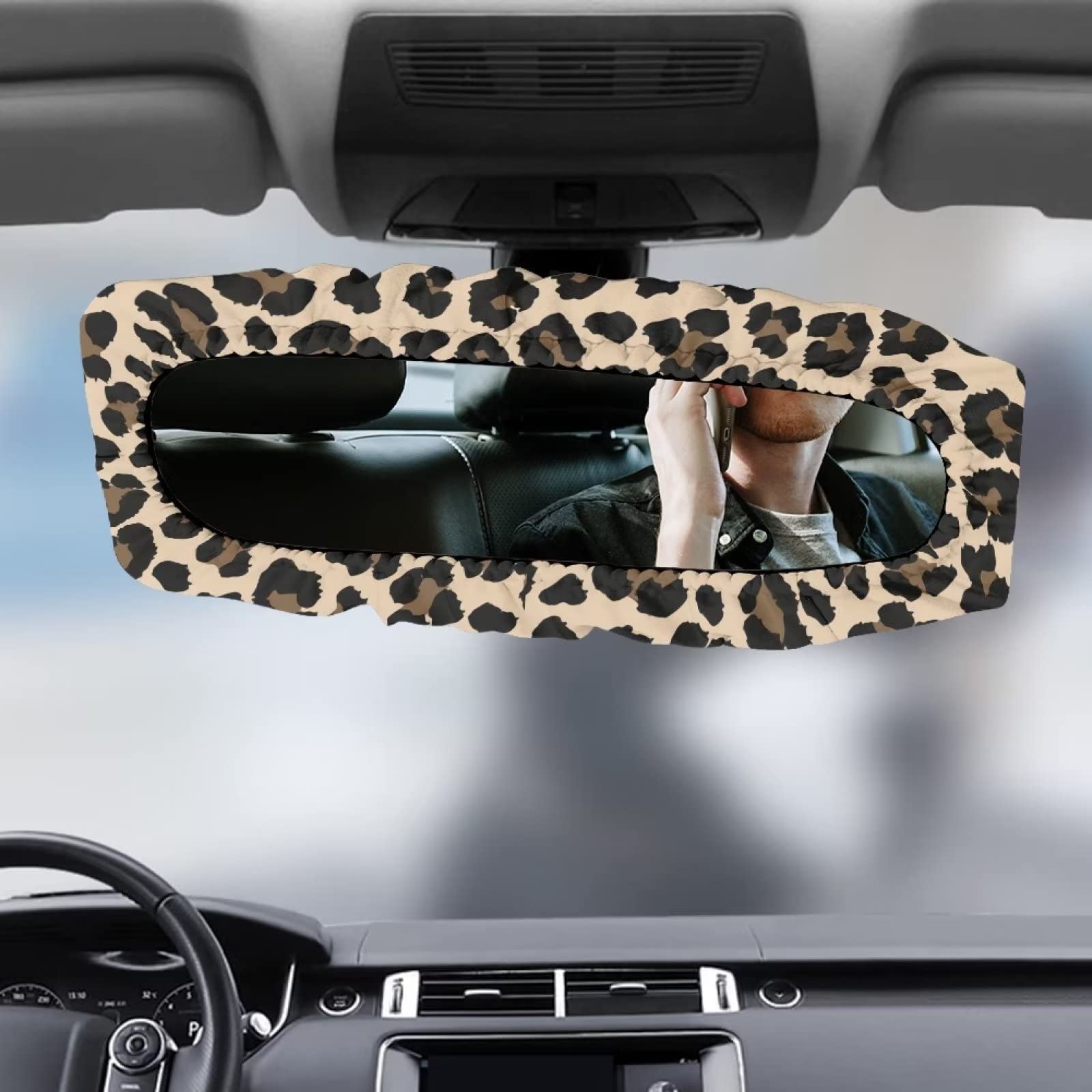 Huisefor Brown Leopard Car Stretchy Rearview Mirror Cover, Dustproof Auto Rear View Mirror Protector Car Interior Accessories Or