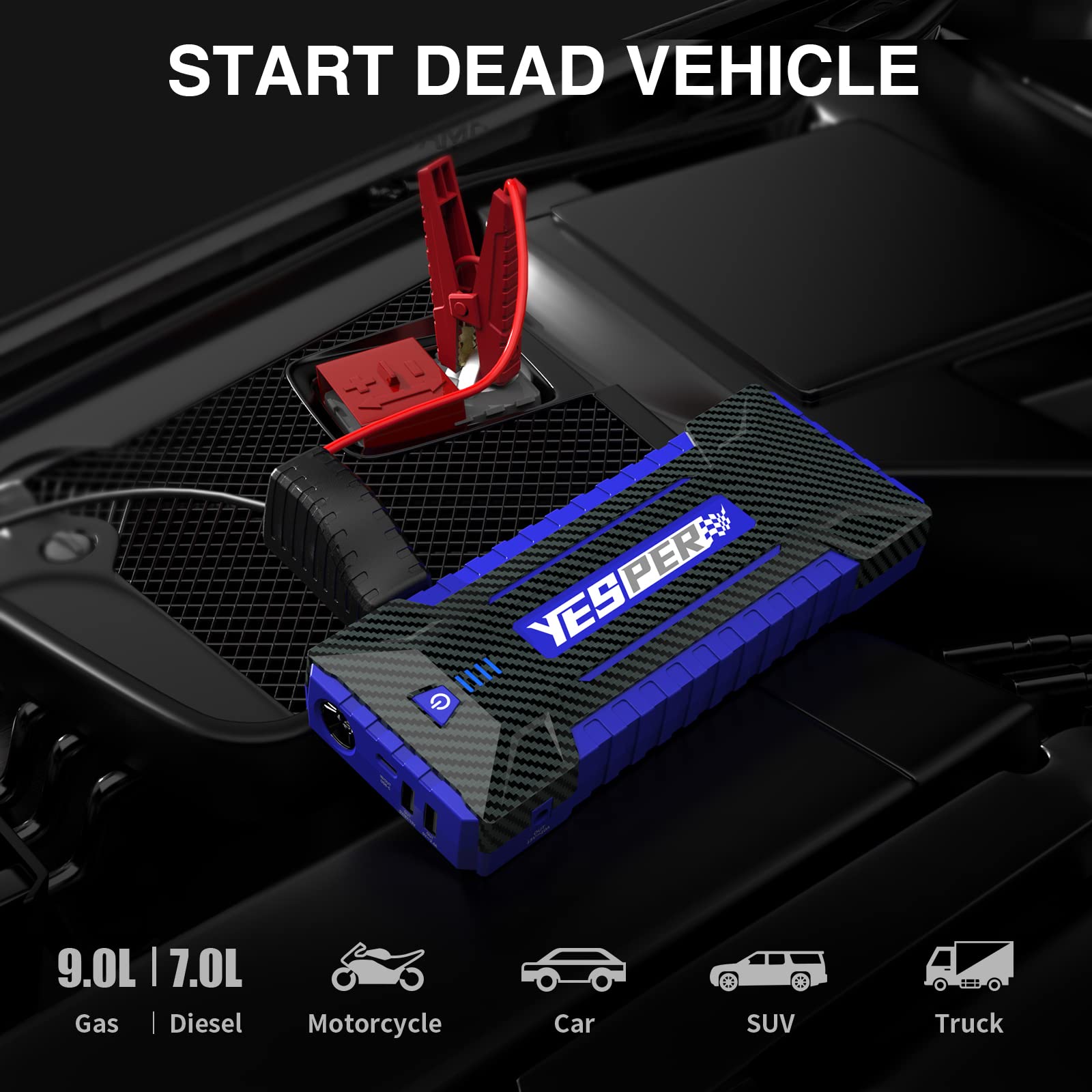 Yesper 2160A Car Jump Starter Portable,Battery Jumper Booster Pack, Boost Jump Box For Most 12V Vehicle (Up To 9.0L Gas/7.0L Diesel Engine), Dsli Safe Tech, Pd 15W Fast Charge & Dc 15V Port