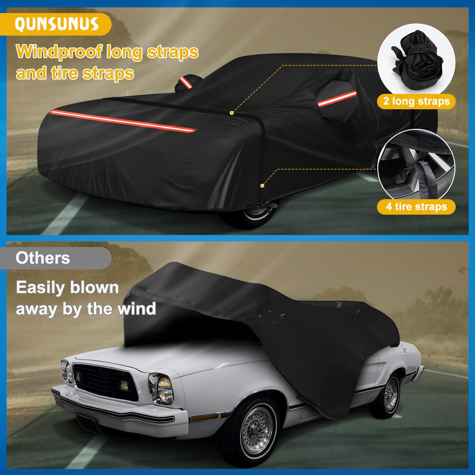 QUNSUNUS Waterproof Car Cover for Ford Mustang 1974-1978, Outdoor Car Covers with Zipper, All Weather Full Exterior Cover with S