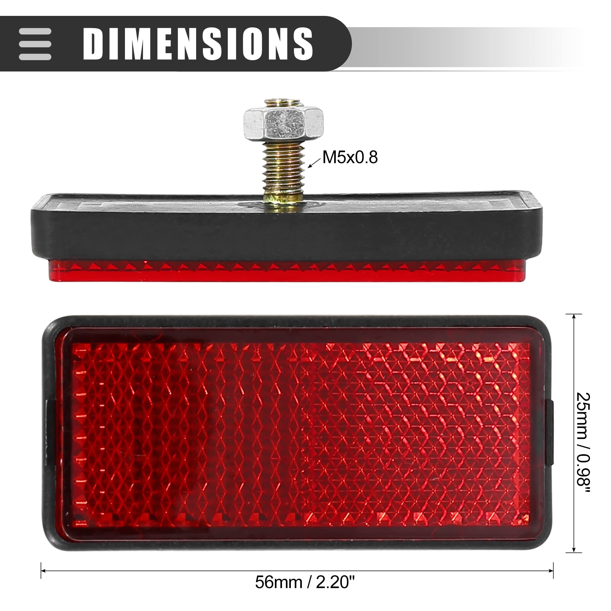 Motoforti Universal Motorcycle Bike Screw Mount, Reflective Warning Reflector, M5X0.8, 56Mm Length, Plastic, Red, 1 Pair