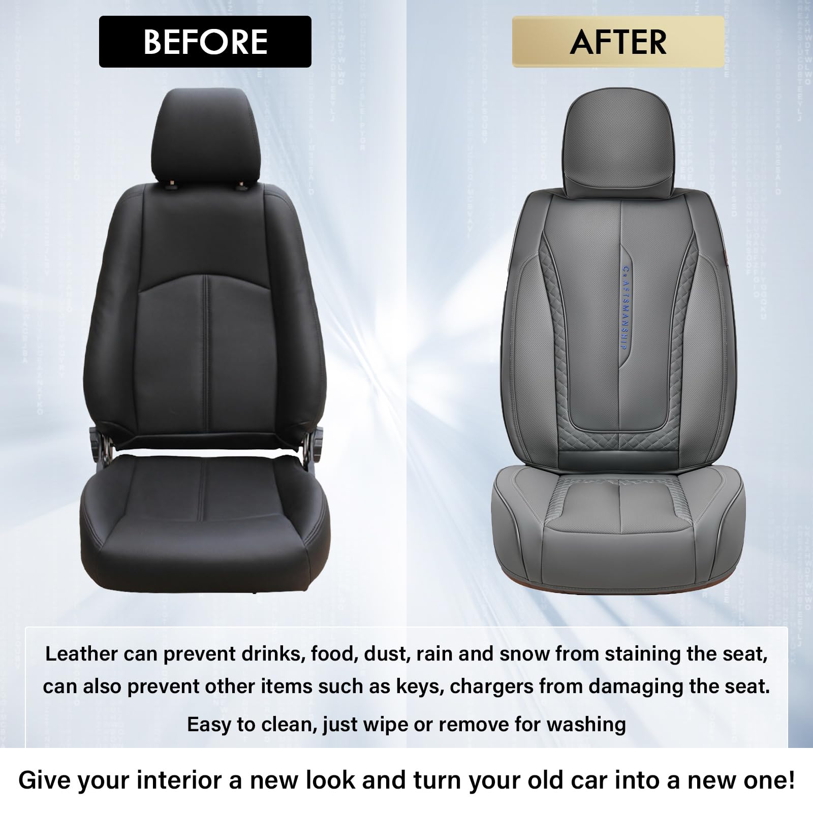 Coverado Car Seat Cover Full Set, Gray Seat Covers Front Seats Back Seat Covers, Nappa Leather Waterproof, Car Seat Cushion, Car