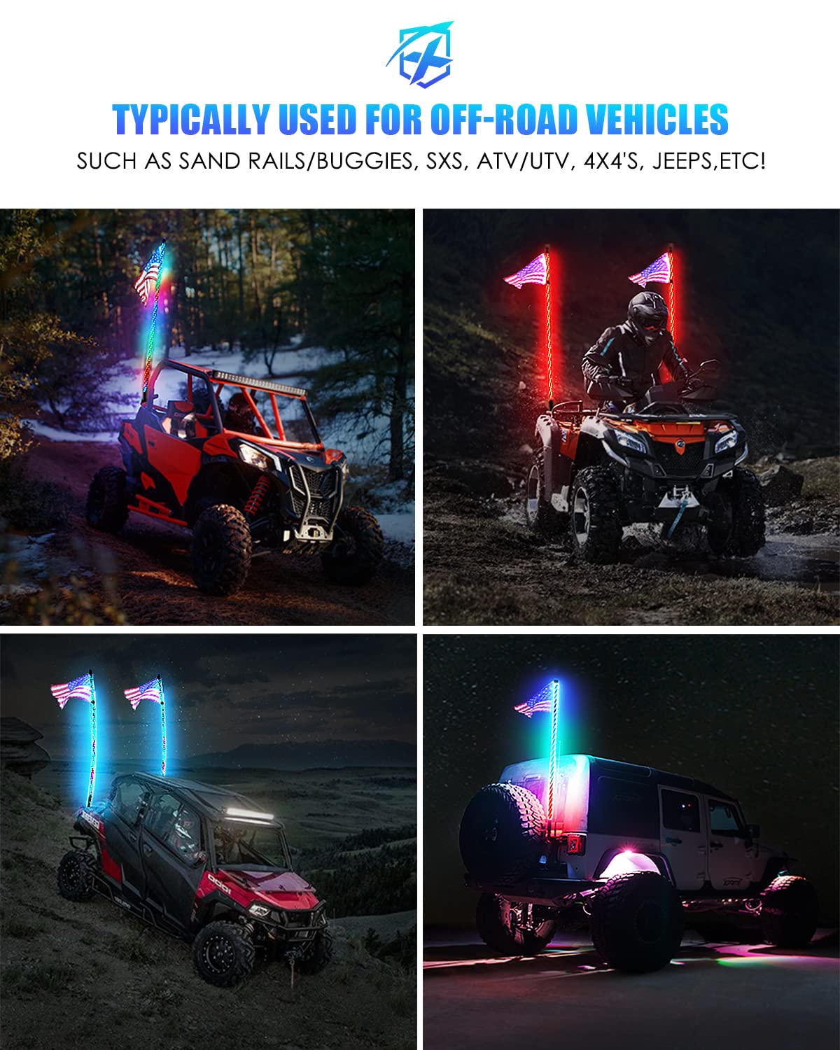 Xprite 5Ft Spiral Led Whip Lights W/Rocker Switch & Remote Control, Safety Dream-Color Dancing Chase Lighted W/America Flag For